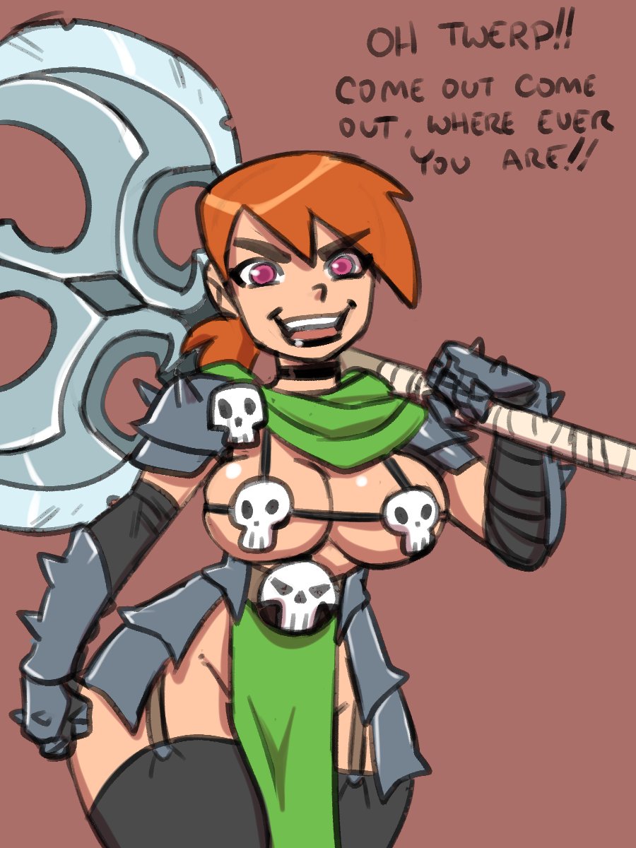 1girls, armor, axe, big breasts, breasts, choker, cleavage, collar, darkeros13, dialogue, female, female only, large breasts, lipstick, loincloth, looking at viewer, navel, orange hair, pelvic curtain, ponytail, scarf, shoulder pads, skull, solo, solo female, solo focus, text, the fairly oddparents, thick thighs, thighs, vicky (fairly odd parents), wide hips
