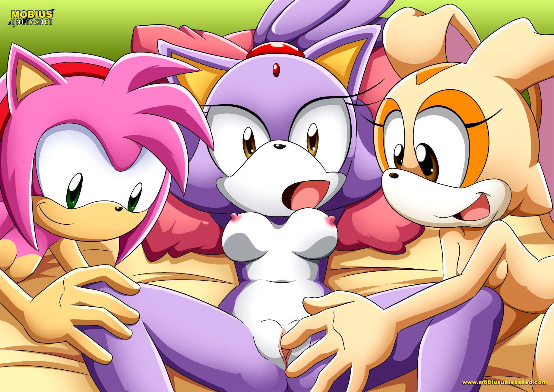 3girls, amy rose, bbmbbf, blaze the cat, breasts, cream the rabbit, female, female only, female/female, fingering, medium breasts, mobius unleashed, multiple females, multiple girls, naked, nude, open mouth, palcomix, pussy, sega, sex, sonic (series), sonic the hedgehog (series), threesome, tongue, yuri