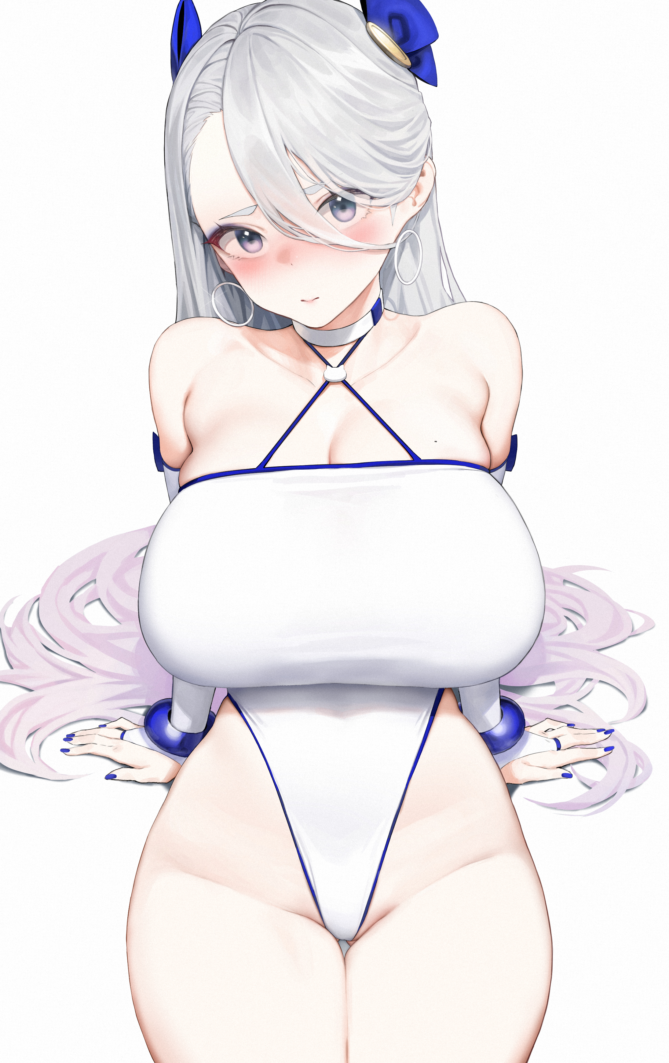 1girls, absurdres, arm support, bare shoulders, blue nails, blush, bracelet, breasts, bridal gauntlets, cleavage, earrings, elbow gloves, female, gloves, hair between eyes, hair ornament, highleg, highleg leotard, highres, hoop earrings, jewelry, large breasts, leotard, long hair, looking at viewer, mochirong, mole on breast, nail polish, original, simple background, sitting, solo, thighs, very long hair, white background, white gloves, white hair, white leotard