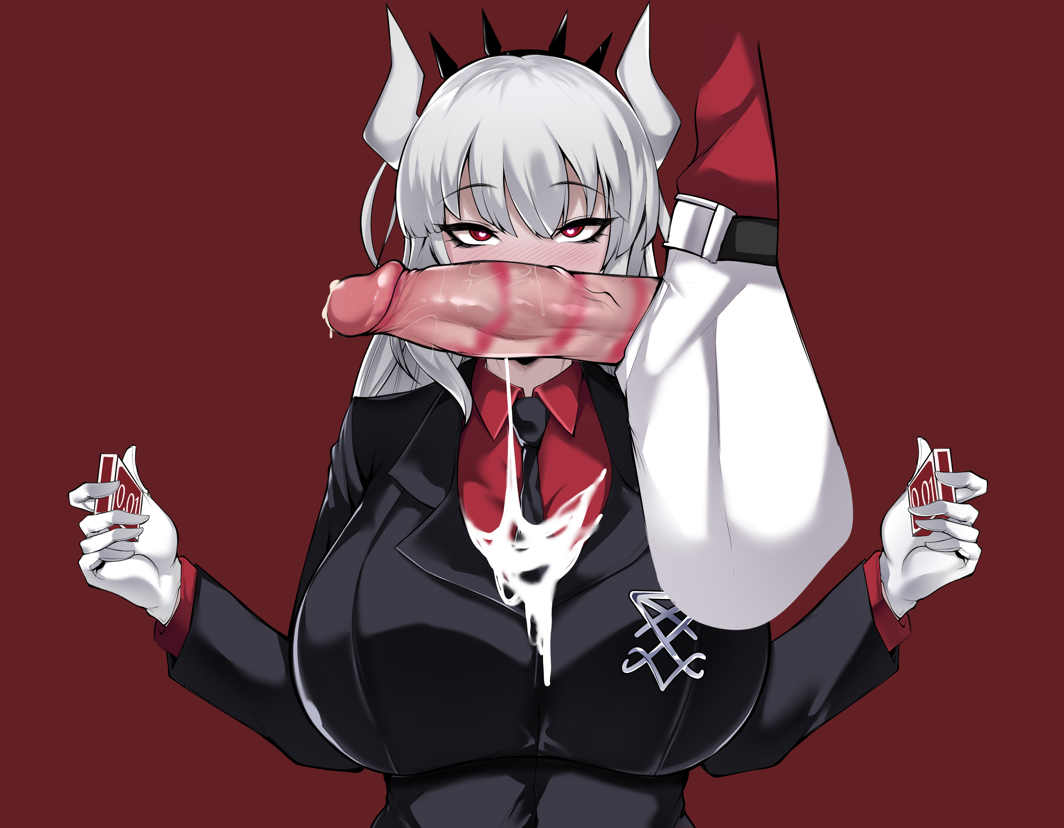 1boy, 1girls, absurd res, after fellatio, after rape, big breasts, blazer, blush, breasts, cum, cum in mouth, cum on breasts, demon, demon girl, erection, female, fully clothed, gloves, helltaker, high resolution, horns, huge breasts, lipstick, lipstick mark, lipstick on penis, long hair, lucifer (helltaker), male, owner (artist), penis, red background, red eyes, suit, uncensored, upper body, white hair