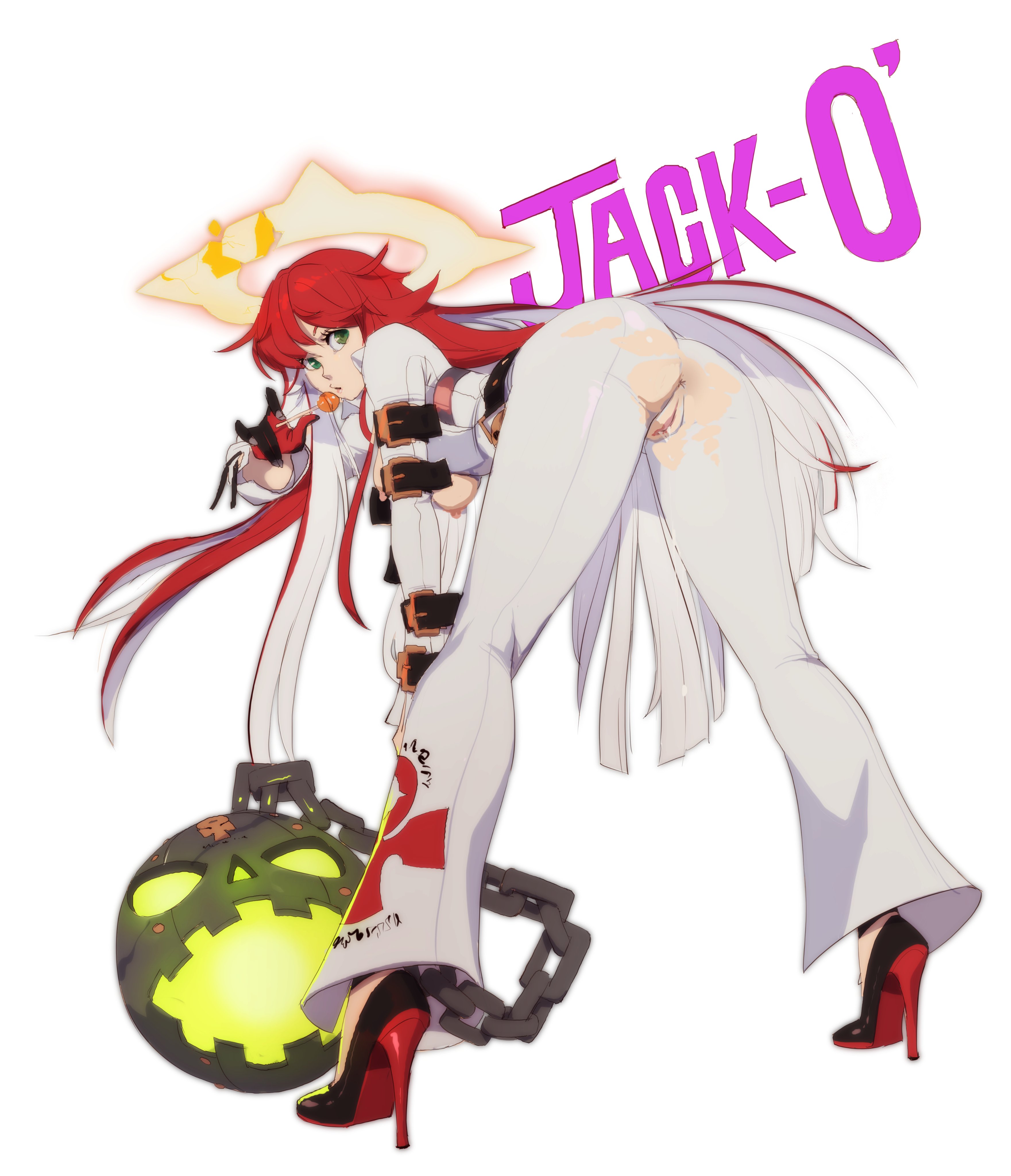 anus, bigbossrequiem, breasts, broken halo, female, guilty gear, guilty gear strive, jack-o' valentine, lollipop, pussy, red bottom heels, ripped clothing, vaginal penetration