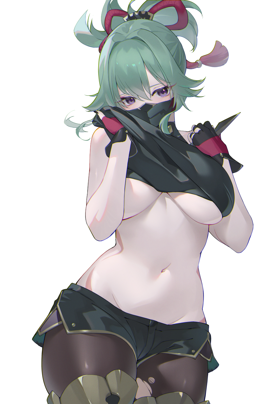1girls, belly, belly button, big breasts, blush, breasts, clothed, clothing, female, female only, flashing, genshin impact, green hair, kaneko (bblogtinhan), kuki shinobu, kunai, looking at viewer, mask, masked female, midriff, ninja, pantyhose, purple eyes, shirt lift, shorts, tattoo, torn pantyhose, underboob