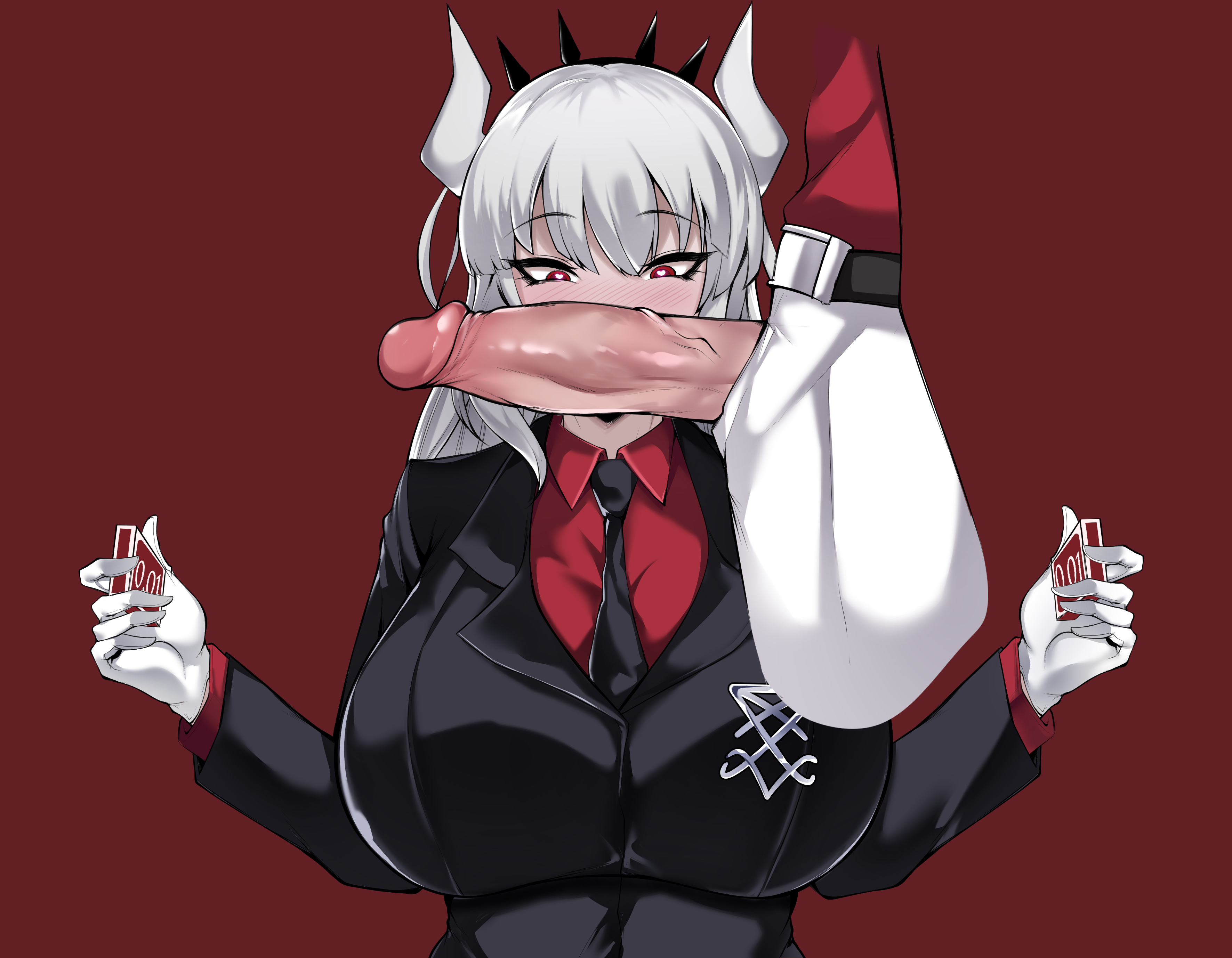 1boy, 1girls, absurd res, big breasts, blush, breasts, demon, demon girl, erection, female, fully clothed, gloves, helltaker, high resolution, horns, huge breasts, long hair, lucifer (helltaker), male, owner (artist), penis, red background, red eyes, uncensored, upper body, white hair