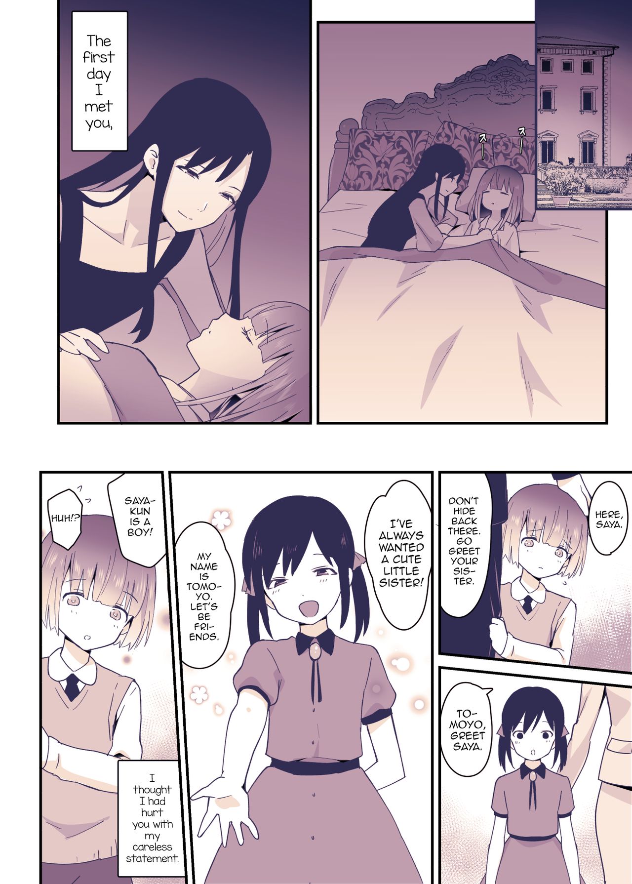 1boy 1girls bangs boku_wa_onee-chan_no_imouto brother_and_sister doujinshi dress feminine_male flashback hairbow light-skinned_female light-skinned_male light_skin long_hair medium_hair on_bed panels sennomori_maitake sleeping text_box text_bubble tie twintails uratari