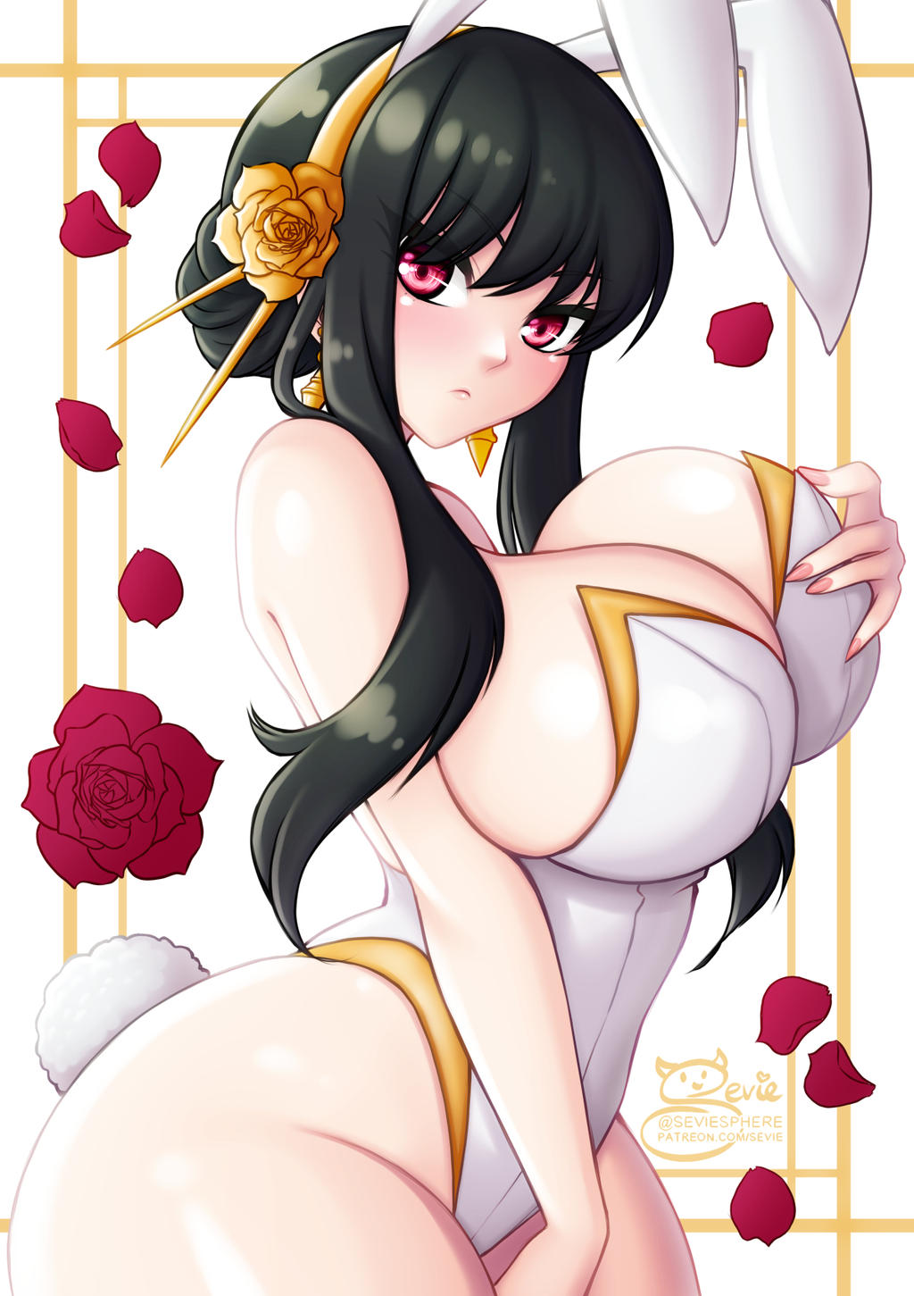 1girls black_hair breasts bunny_ears bunny_tail bunnysuit female female_human headband human large_breasts light-skinned_female light_skin mature_female pale-skinned_female pale_skin red_eyes rose rose_petals sevie seviesphere spy_x_family thorn_princess yor_briar yor_forger