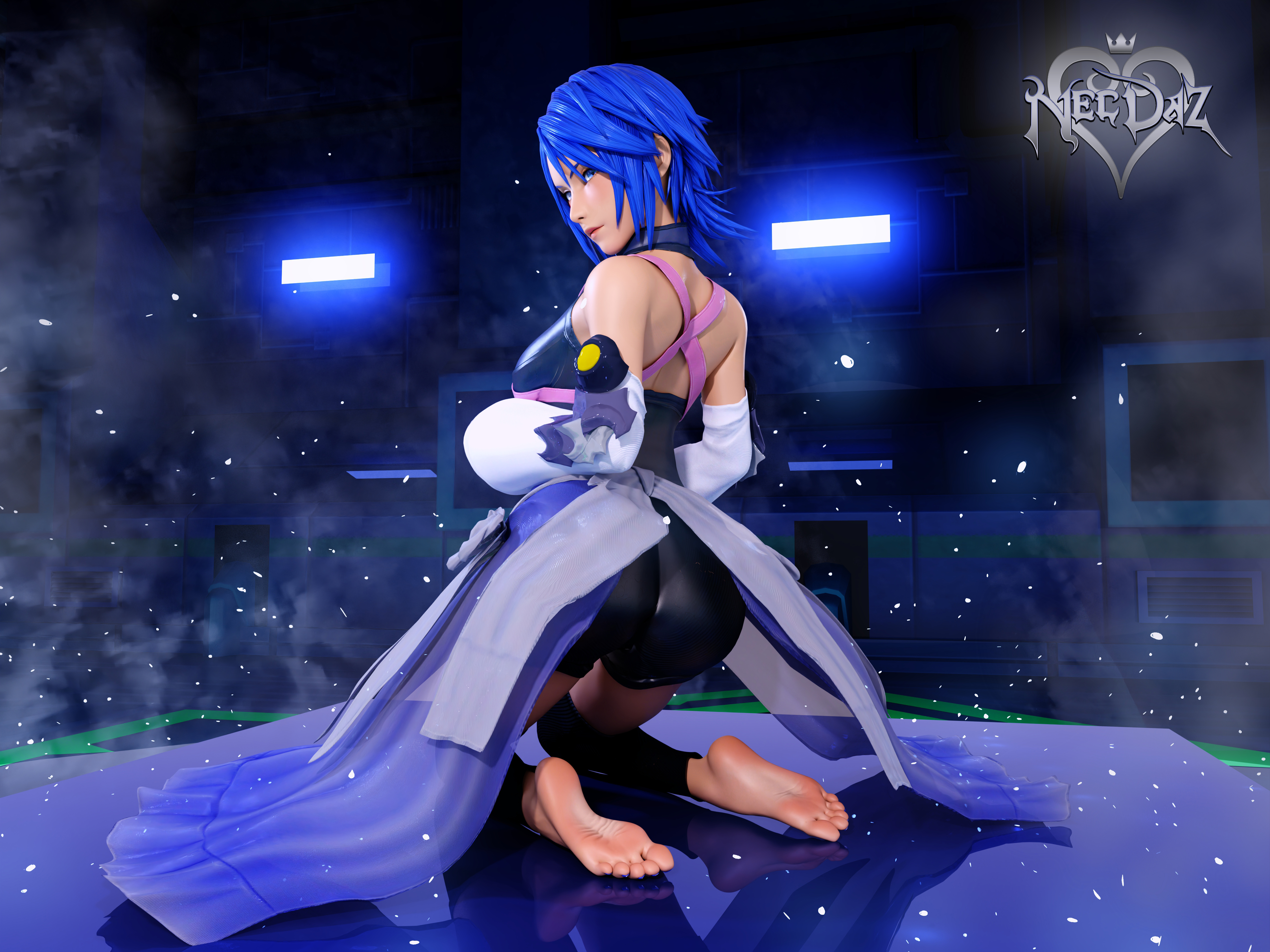1girls, 3d, aqua (kingdom hearts), barefoot, blue eyes, blue hair, blue-haired female, clothed, feet, female, kingdom hearts, kneeling, looking at viewer, looking back, necdaz91, soles, solo
