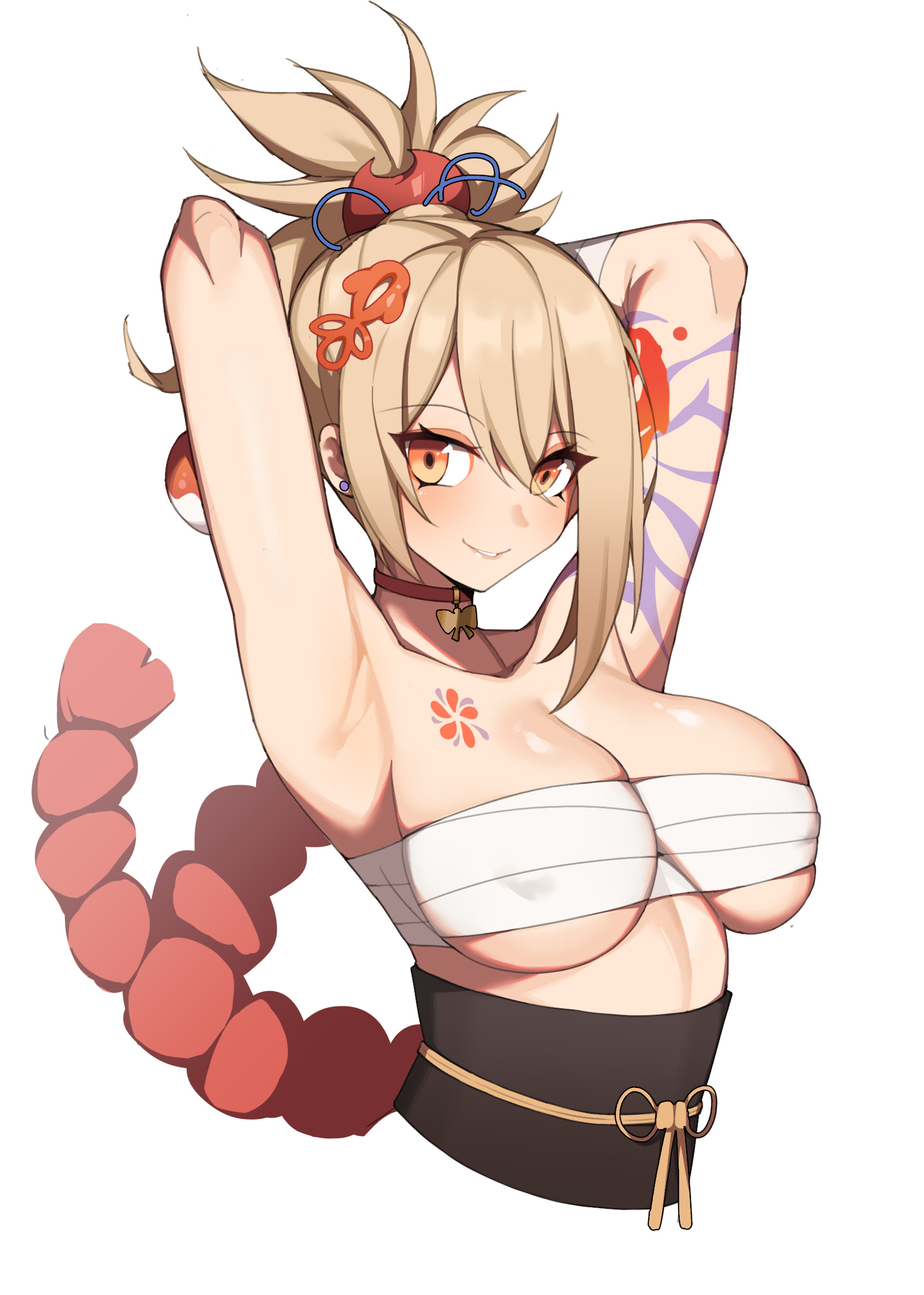 1girls, armpits, arms up, bandage, blonde hair, breast tattoo, breasts, busty, choker, cleavage, female, genshin impact, hanenosaki, hi res, large breasts, ponytail, sarashi, shimenawa, smile, tattoo, underboob, yoimiya (genshin impact)