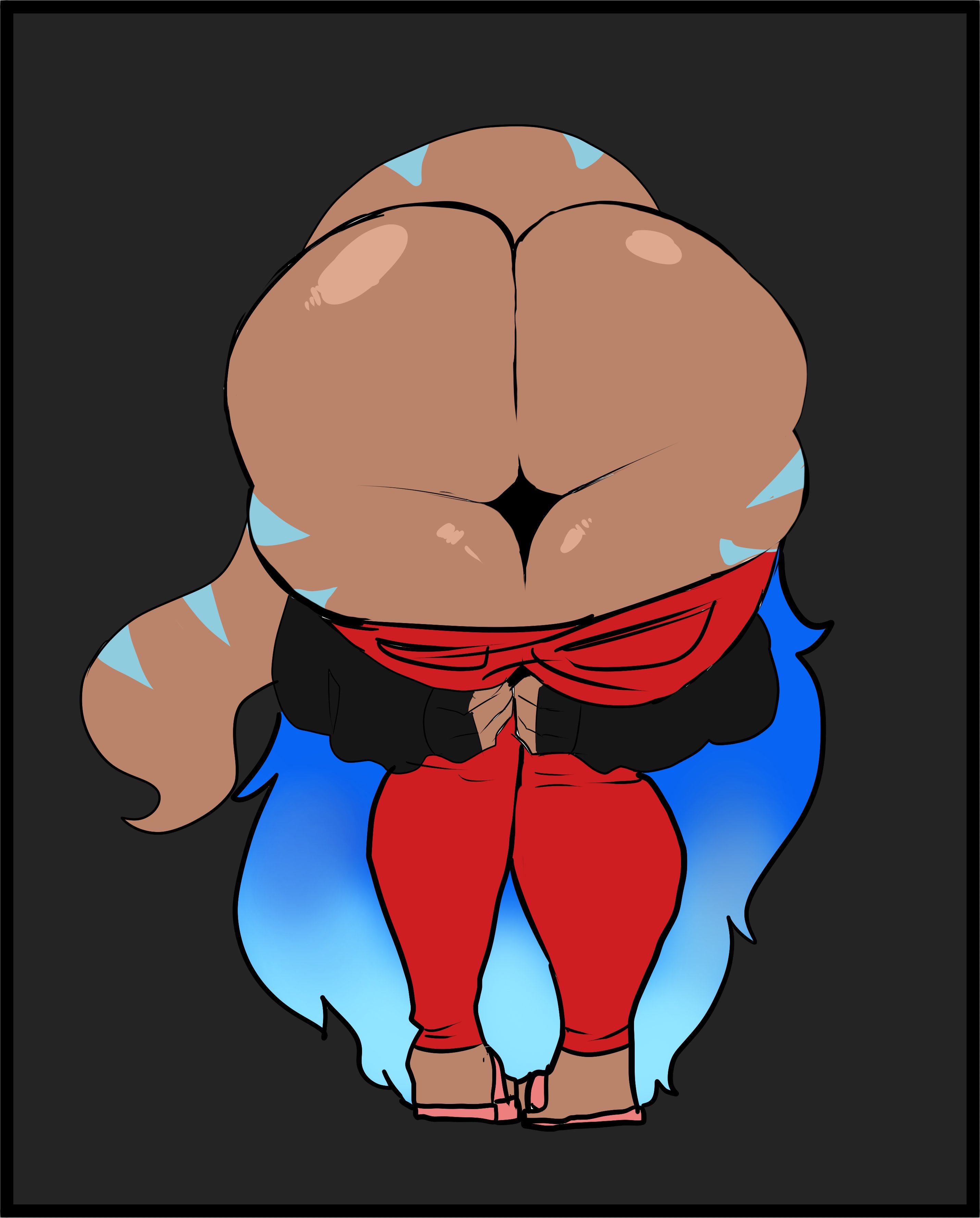 1girls, amen pose, andria (lemonadepikachu), arms around legs, ass, ass focus, ass up, bare ass, big ass, blue hair, bubble ass, bubble butt, dark skin, dark-skinned female, fat ass, female, female only, huge ass, lemonadepikachu, long hair, meme, mooning, no panties, original, original character, pants, pants down, praise da booty (meme), sandals, solo, tail, thick thighs, twitter meme