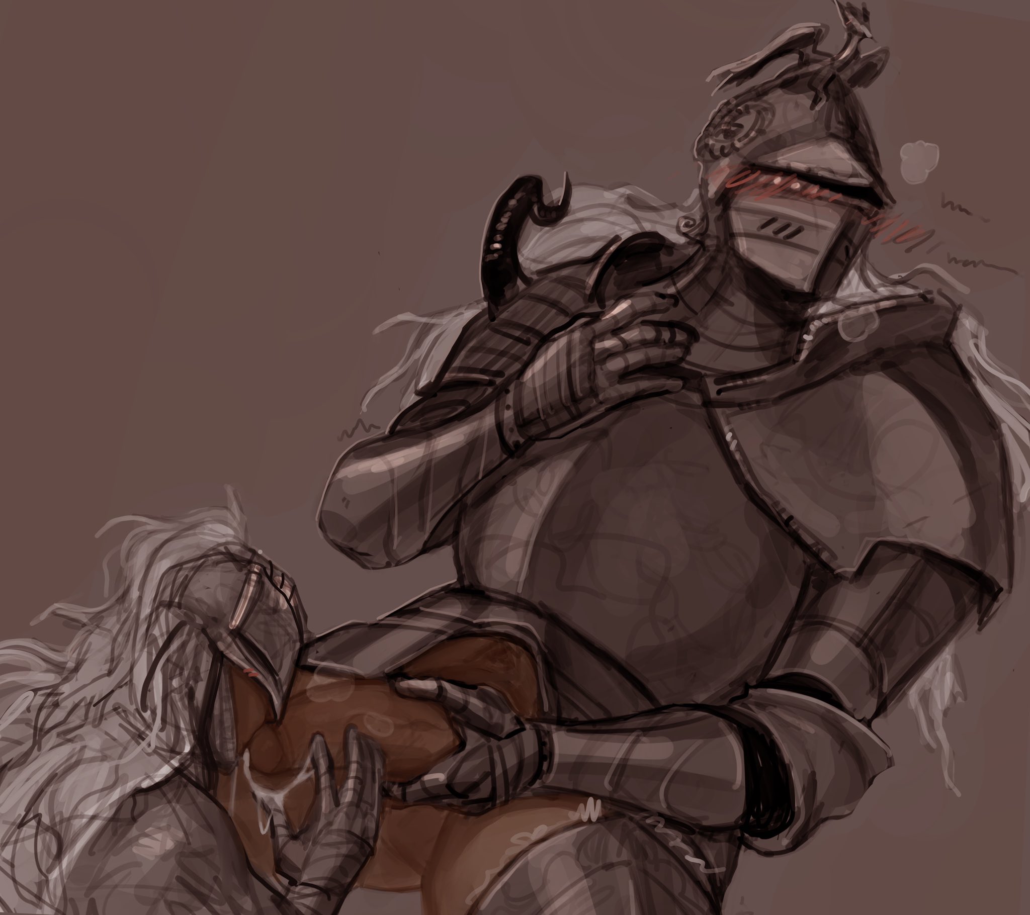 2boys, armor, banished knight oleg, big penis, blush, cum, cum trail, elden ring, erection, fellatio, fromsoftware, gay, helmet, holding penis, imlooking, knight, looking away, male, male only, oral, penis, penis out, tarnished, yaoi