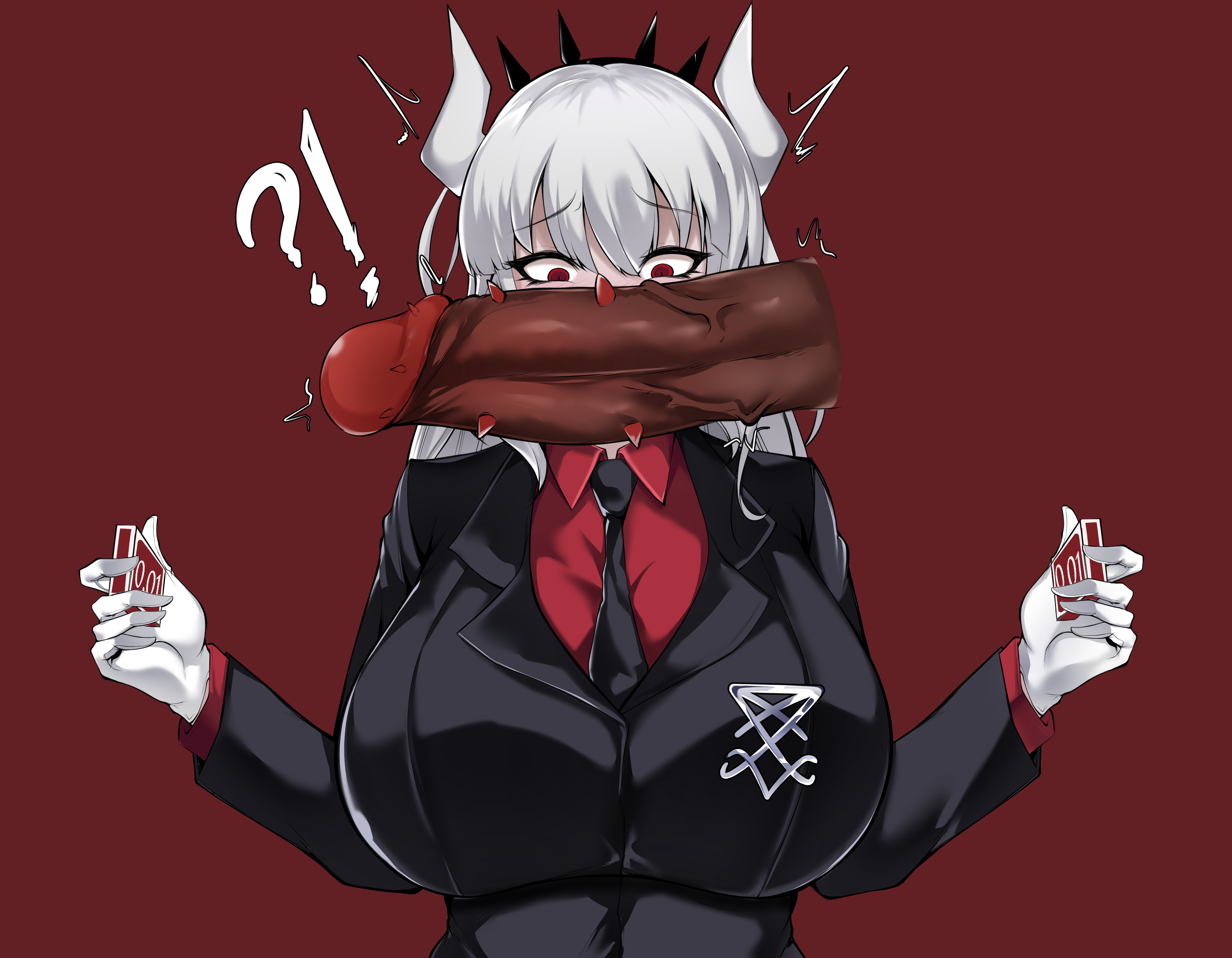 ?!, 1boy, 1girls, absurd res, big breasts, big penis, black suit, blush, breasts, dark-skinned male, demon, demon girl, demon penis, erection, female, fully clothed, gloves, helltaker, high resolution, horns, huge breasts, huge cock, long hair, lucifer (helltaker), male, owner (artist), penis, red background, red eyes, subject 67 (helltaker), suit, surprised, uncensored, upper body, veiny penis, white hair