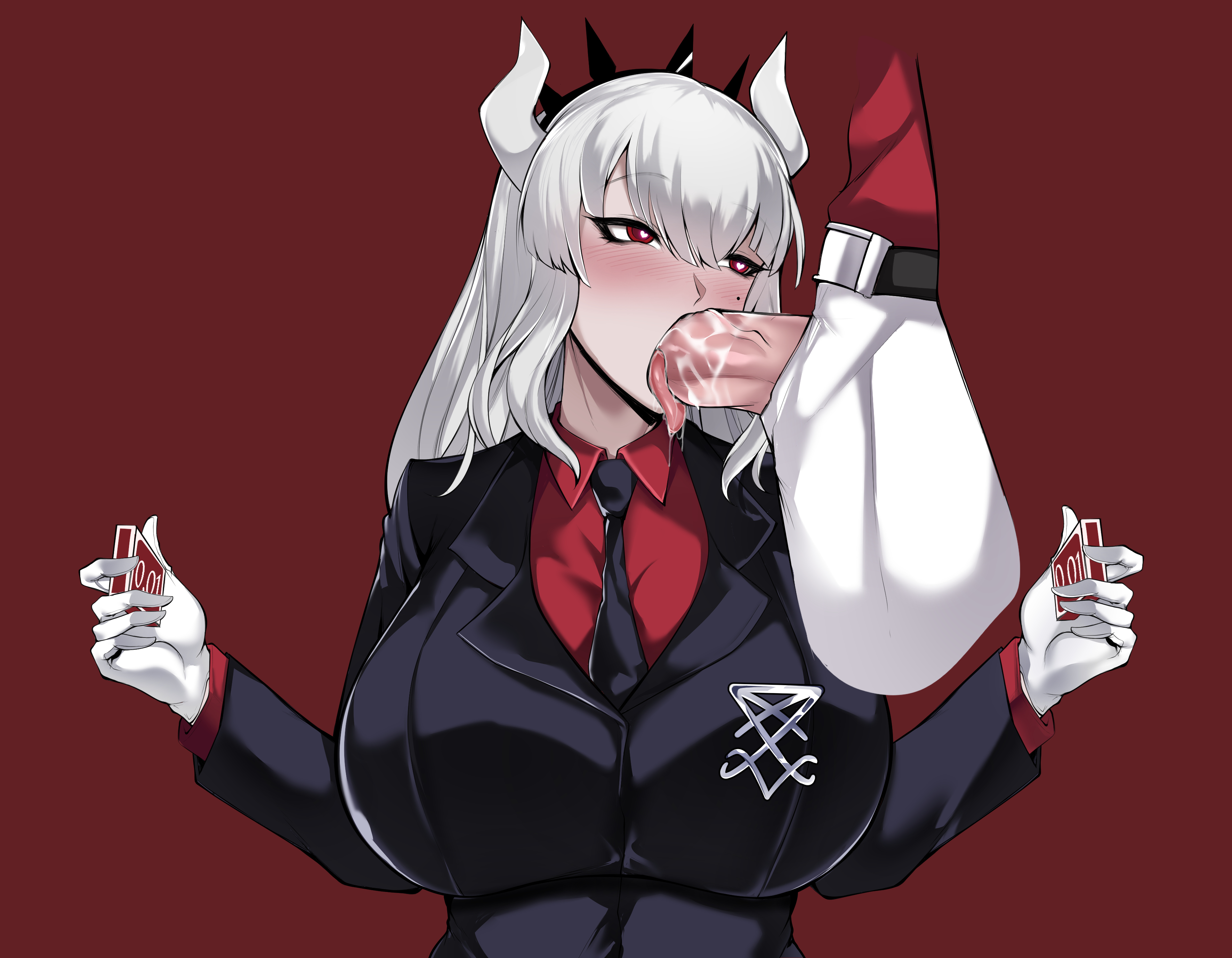 1boy, 1girls, absurd res, big breasts, blowjob, blush, breasts, demon, demon girl, erection, fellatio, female, fully clothed, gloves, helltaker, high resolution, horns, huge breasts, long hair, lucifer (helltaker), male, oral, owner (artist), penis, red background, red eyes, uncensored, upper body, white hair