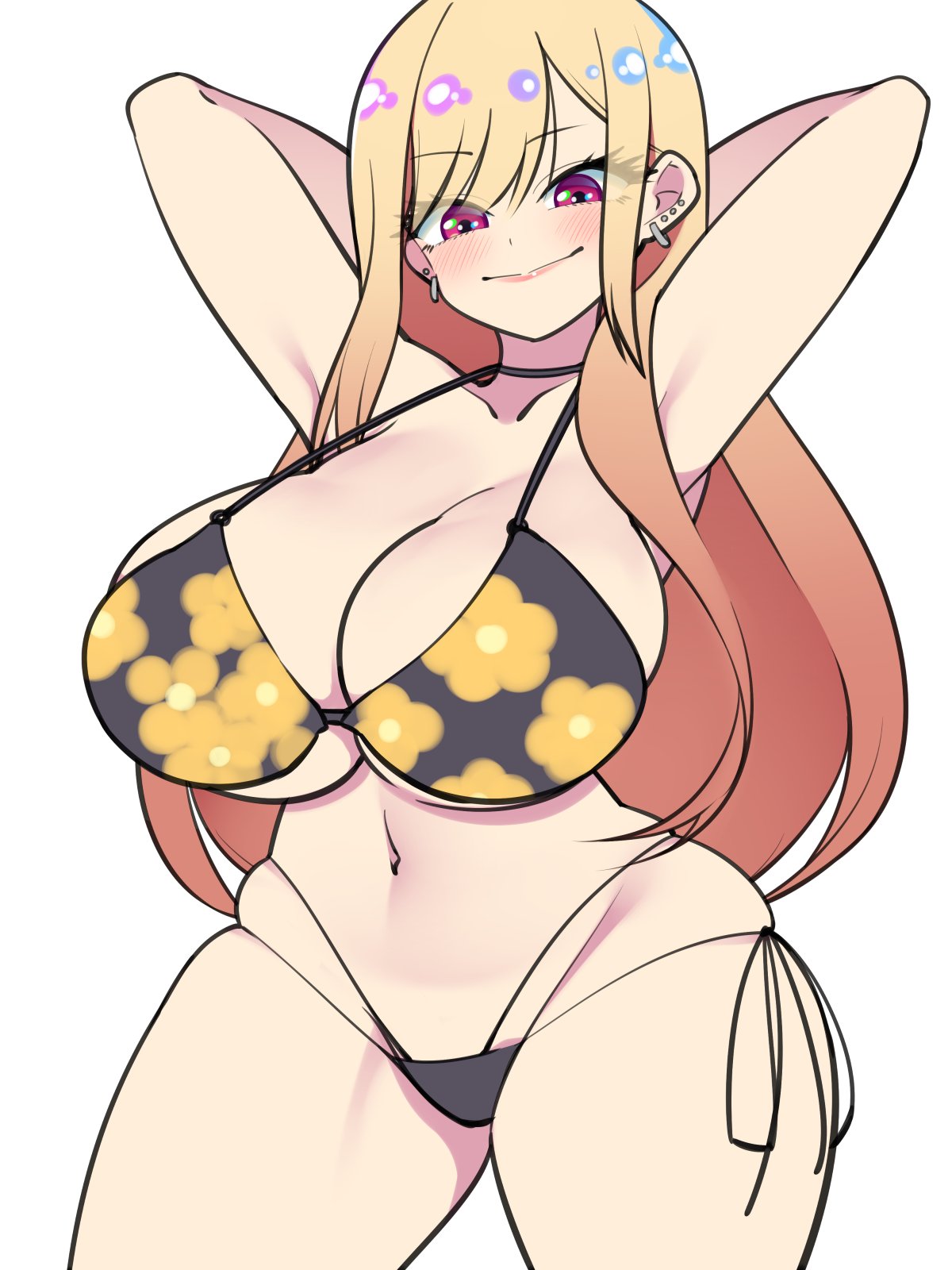 1girls, armpits, bellupup, big breasts, bikini, bikini bottom, bikini top, blonde hair, bottomwear, breasts, clothing, earrings, female, female only, gyaru, hands behind head, huge breasts, kitagawa marin, long hair, red eyes, solo, solo female, sono bisque doll wa koi wo suru, thick thighs, thighs, topwear