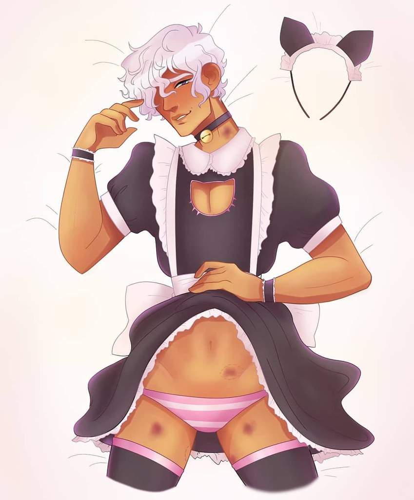 1boy asra_alnazar bell_collar cat_headband choker cleavage_cutout femboy hickey_marks maid_uniform male male_only panties solo the_arcana unknown_artist