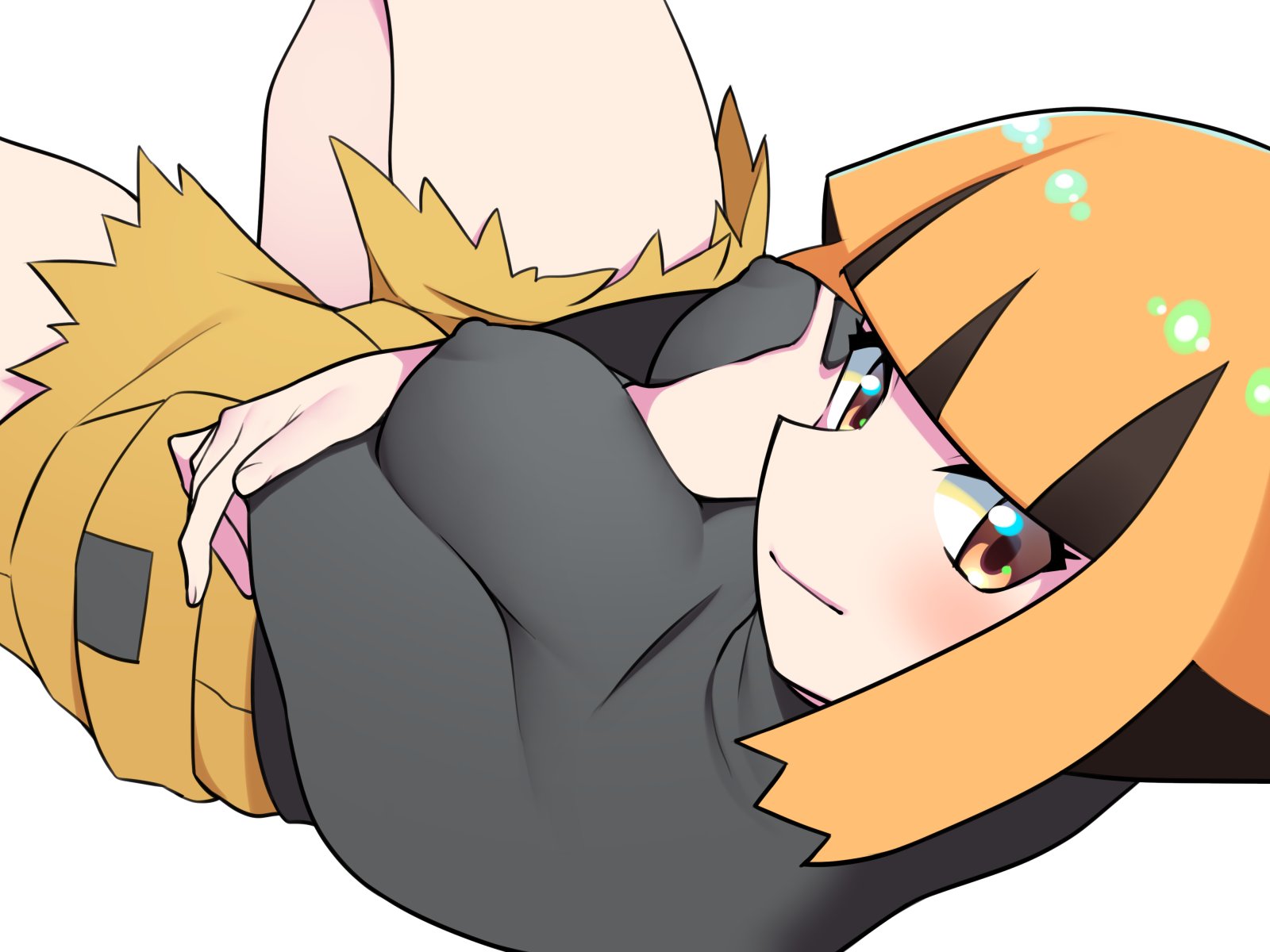 1girls, arm between breasts, bellupup, big breasts, black shirt, bottomwear, breast focus, breasts, clothing, erect nipples, female, female only, game freak, gardenia (pokemon), nipples, orange eyes, orange hair, orange shorts, pokemon, pokemon dppt, shorts, solo, solo female, thick thighs, thighs, topwear