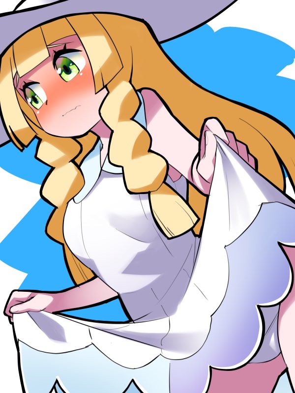 1girls, bellupup, blonde hair, blush, embarrassed, female, female only, game freak, green eyes, hat, lifting skirt, lillie (pokemon), long hair, panties, pantyshot, pokemon, pokemon sm, skirt, skirt lift, solo, solo female, thighs, white dress, white panties, white skirt
