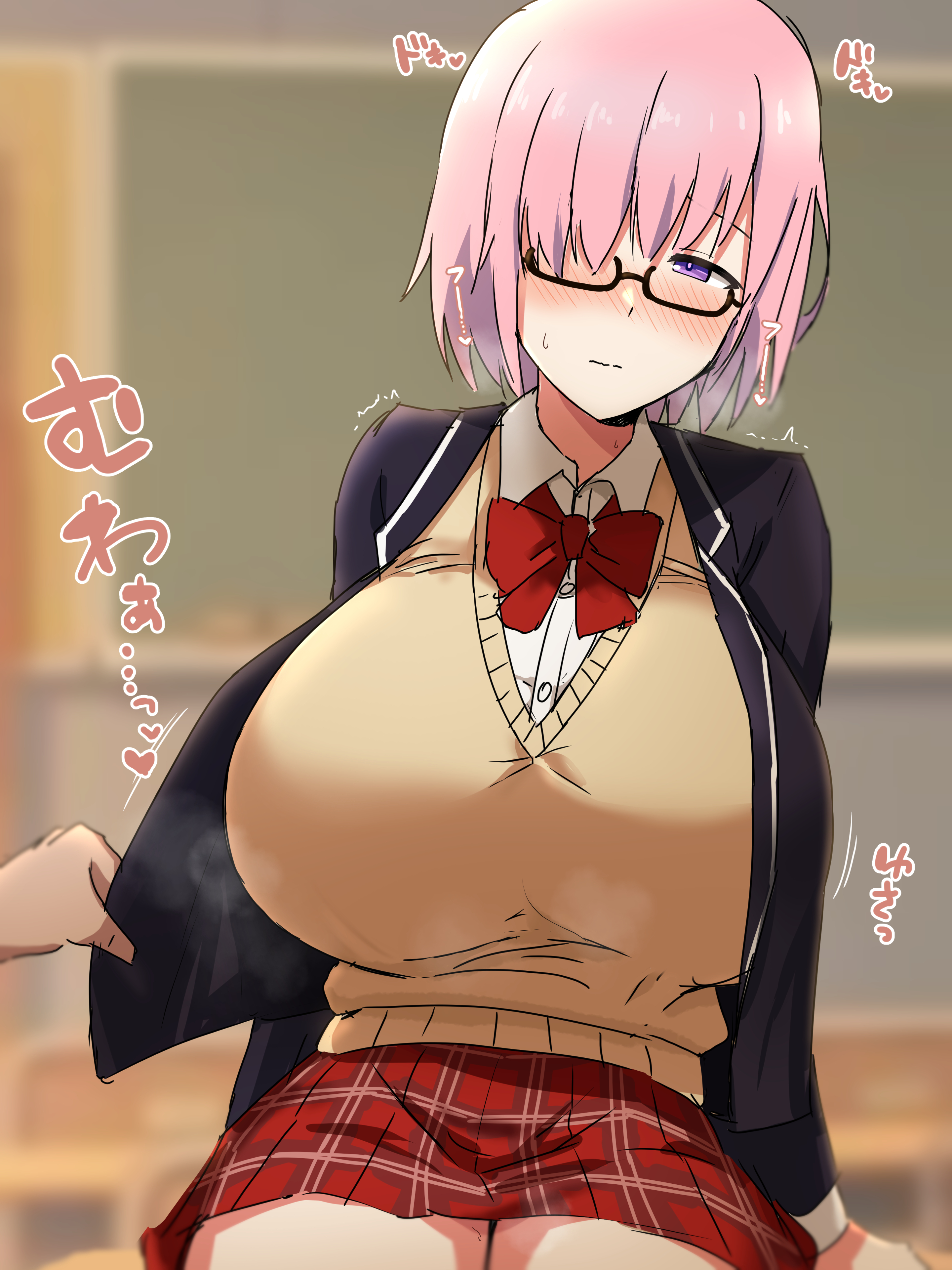 1girls, 2022, blurry background, blush, bottomwear, bowtie, breasts, clothed, clothing, fate (series), fate/grand order, female, female focus, fully clothed, gigantic breasts, glasses, hair covering eye, huge breasts, hyper breasts, japanese text, light skin, light-skinned female, looking at another, looking at partner, mash kyrielight, offscreen character, one eye obstructed, pale skin, pale-skinned female, purple hair, red bowtie, school desk, school uniform, schoolgirl, short hair, skirt, steam, text, tomato rice, top heavy, topwear