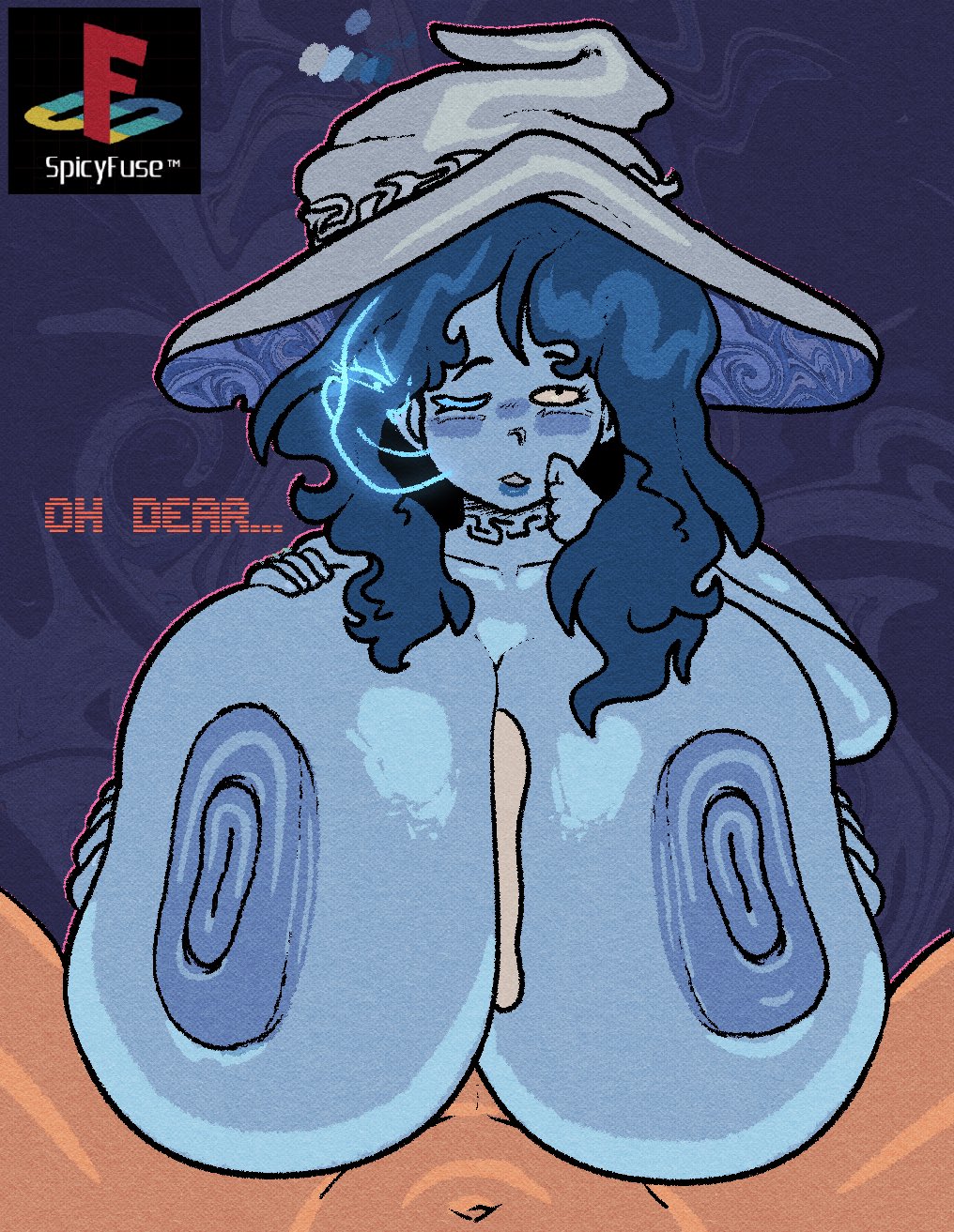 1boy, 1girls, alternate breast size, blue hair, blue skin, breasts, cum, cum between breasts, elden ring, female, fromsoftware, hat, huge areolae, huge breasts, huge nipples, male, multi arm, multi limb, one eye closed, paizuri, playstation, ranni the witch, spicyfuse