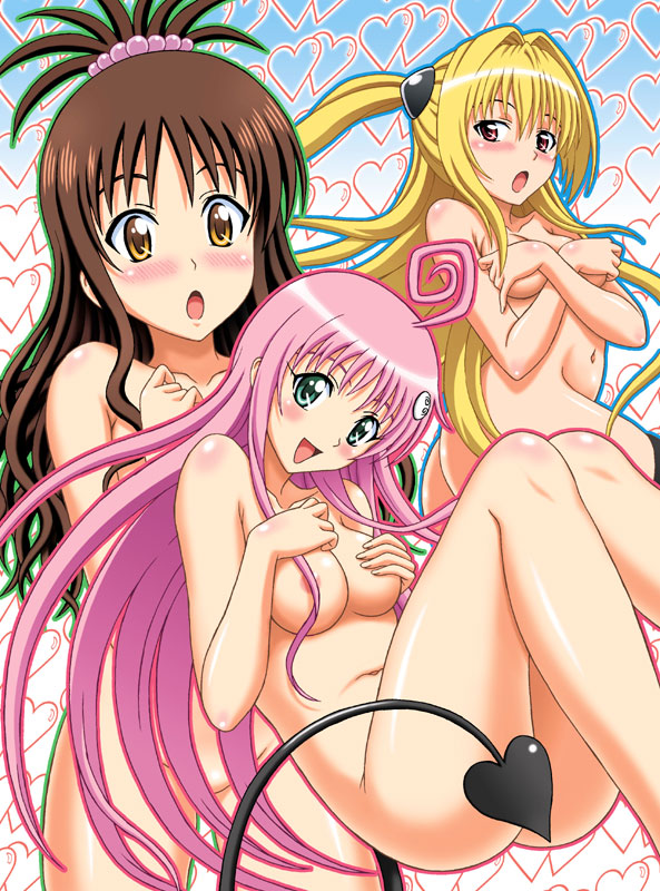 00s 3girls abstract_background alien alien_girl alien_humanoid blonde_hair blush blushing breasts brown_hair completely_nude completely_nude_female covering covering_breasts demon_tail devilukean devilukean_female devilukean_tail different_breast_sizes eiji eyebrows female female_only golden_darkness green_eyes hair_ornament hair_tie heart heart_shaped_tail konjiki_no_yami lala_satalin_deviluke light-skinned_female light_skin long_hair looking_at_viewer medium_breasts multiple_girls nude nude_cover nude_female peke pink_hair red_eyes small_breasts smile smiling smiling_at_viewer tail to_love-ru very_long_hair yuuki_mikan