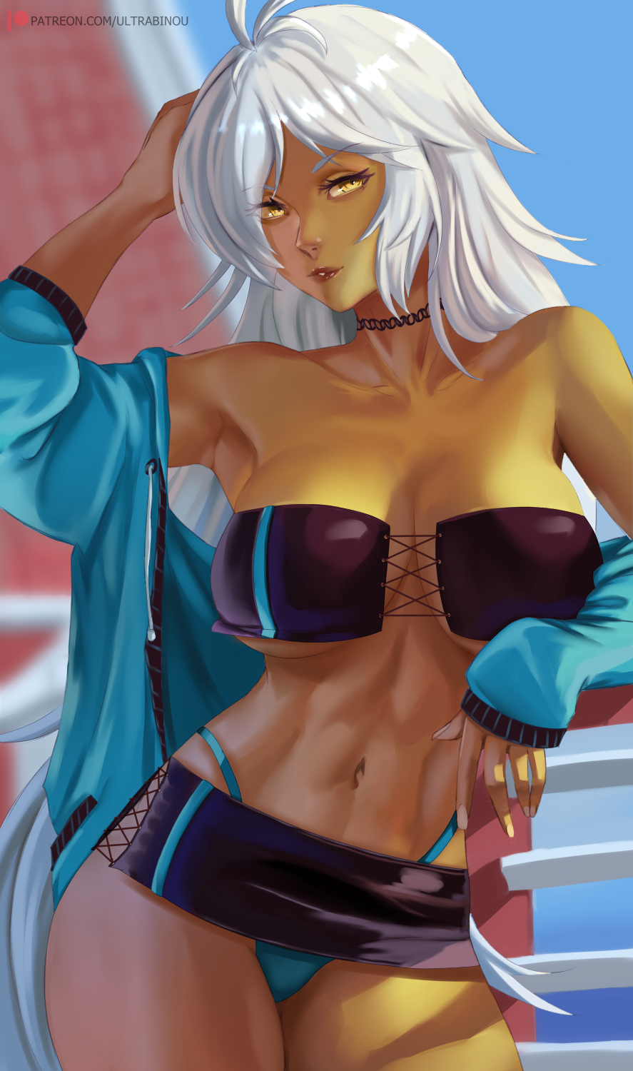 1girls, choker, cleavage, dark skin, dark-skinned female, female, microskirt, oc, original, short skirt, thong, ultrabinou, watermark, white hair, yellow eyes