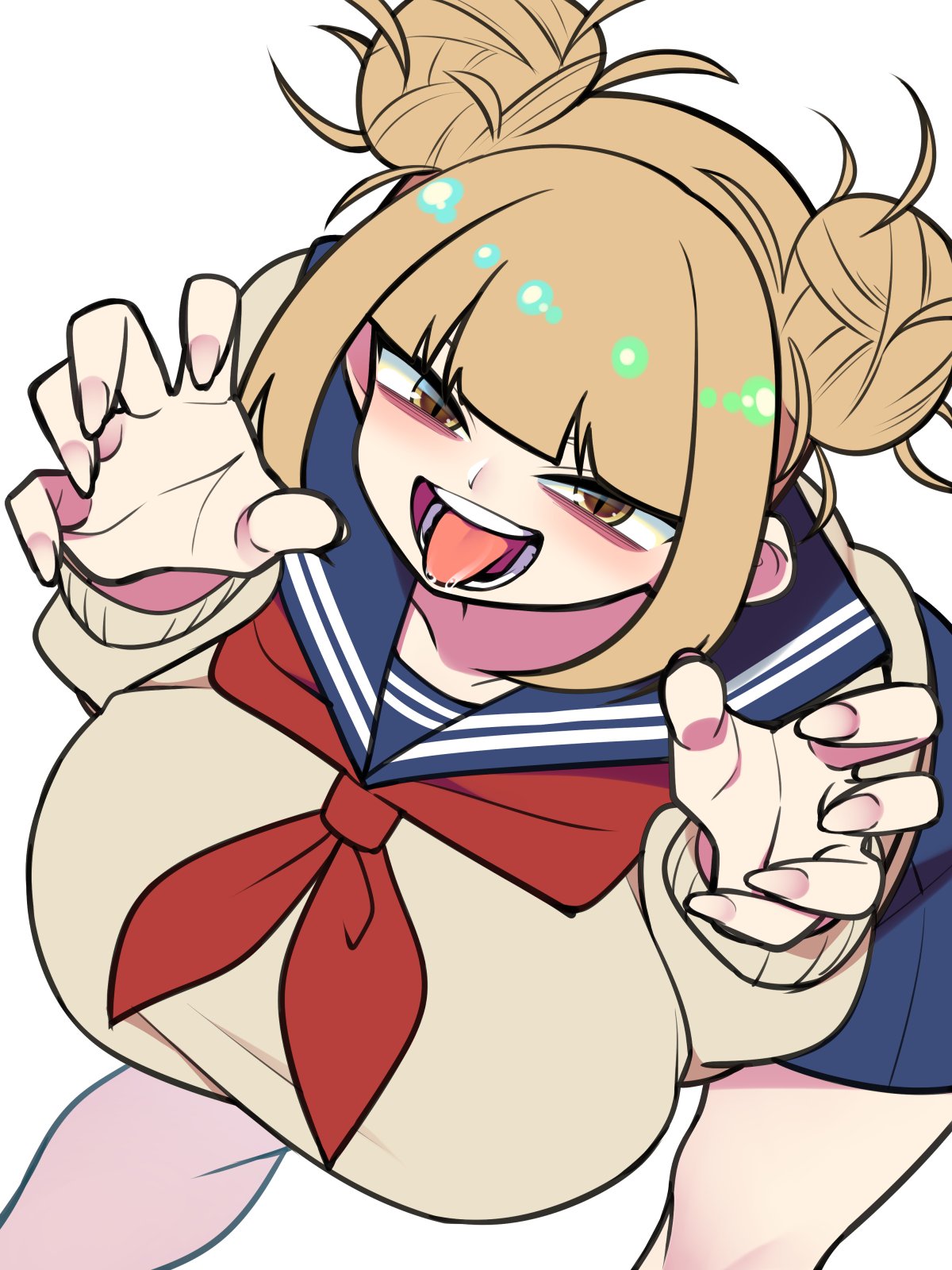 1girls, bellupup, big breasts, blonde female, blonde hair, blue skirt, breast focus, breasts, female, female only, himiko toga, huge breasts, large breasts, my hero academia, open mouth, red ribbon, ribbon, school uniform, short hair, skirt, solo, solo female, teeth, thighs, tongue, tongue out, yellow eyes