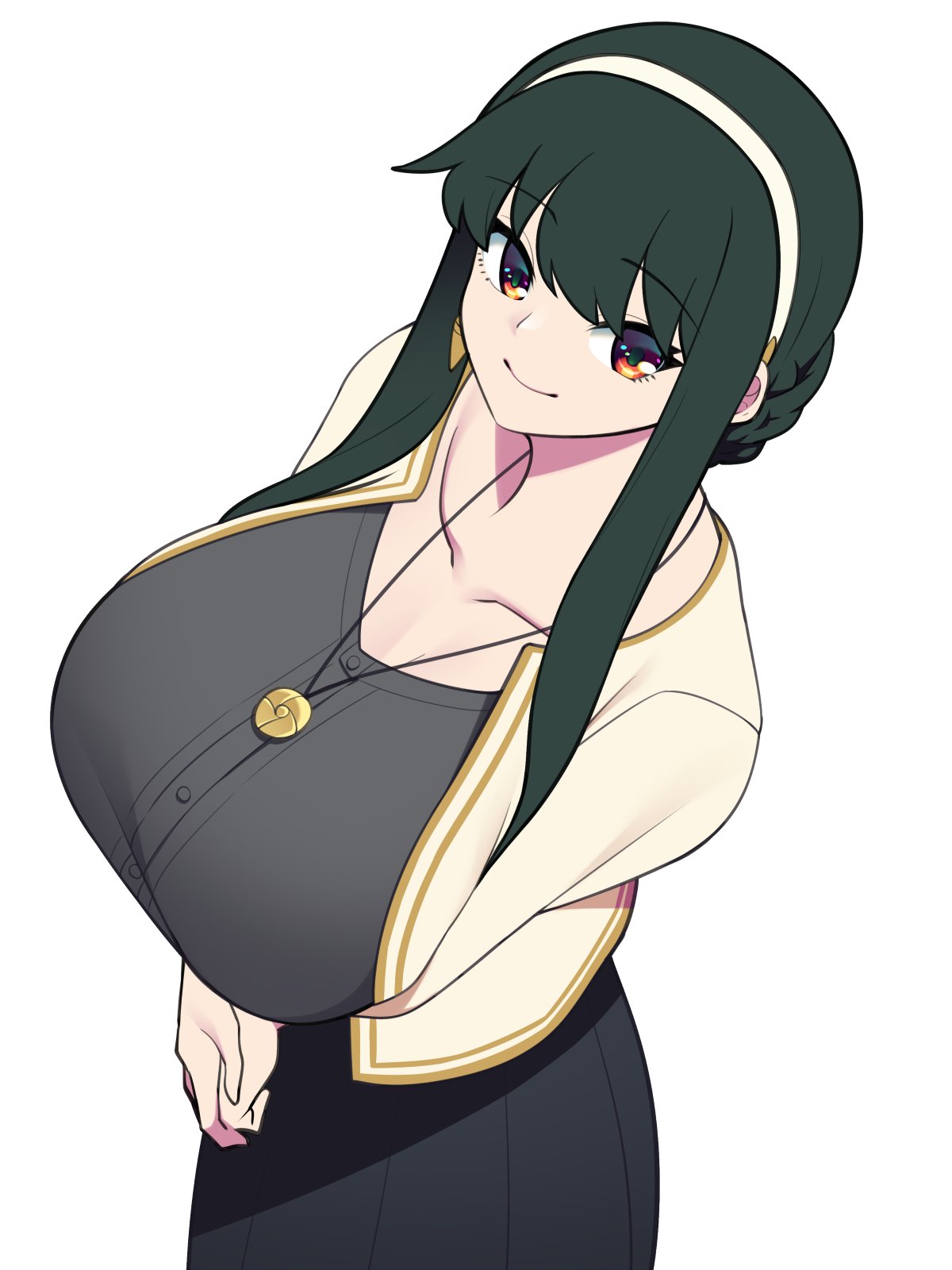 1girls, assassin, bellupup, black hair, bottomwear, breasts, cleavage, clothing, color, dress, female, female only, hands clasped, headband, huge breasts, large breasts, mature, mature female, mature woman, milf, necklace, smile, solo, solo female, spy x family, top down view, topwear, white background, yor briar
