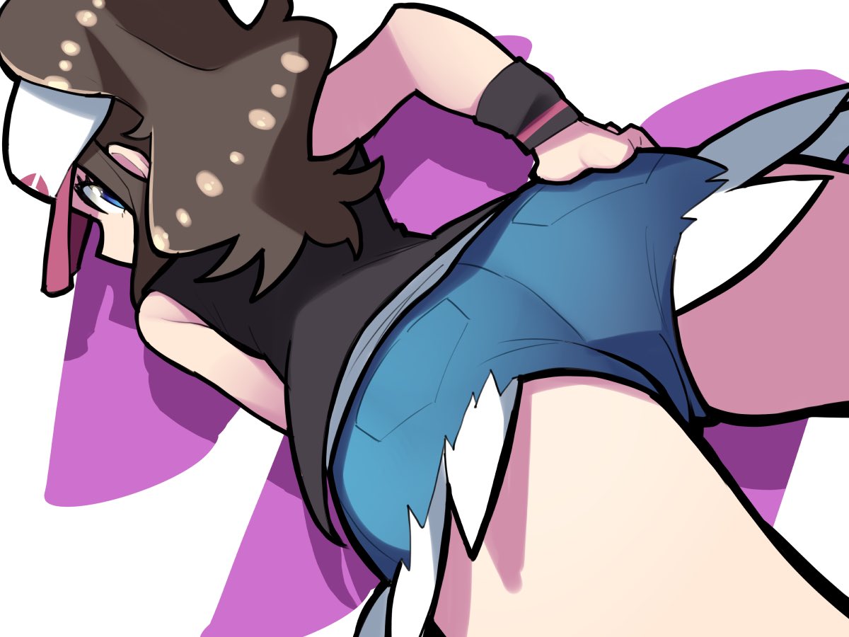 1girl 1girls 2020s 2021 anime ass ass_focus bellupup big_ass black_topwear blue_bottomwear blue_eyes blue_shorts booty_shorts brown_hair butt_crack_outline cap clothing denim_shorts female female_only game_freak hand_on_ass hand_on_hip hat heroine hilda_(pokemon) hips human light-skinned_female logo_on_headwear long_hair looking_at_viewer looking_back manga moderate_tomboy pokemon pokemon_bw ponytail rear_view shiny_hair shirt shorts sleeveless_jacket snapback solo solo_female thick_thighs thighs tomboy two_tone_headwear two_tone_headwear_(pinkandwhite) video_game_franchise worm's-eye_view wristband