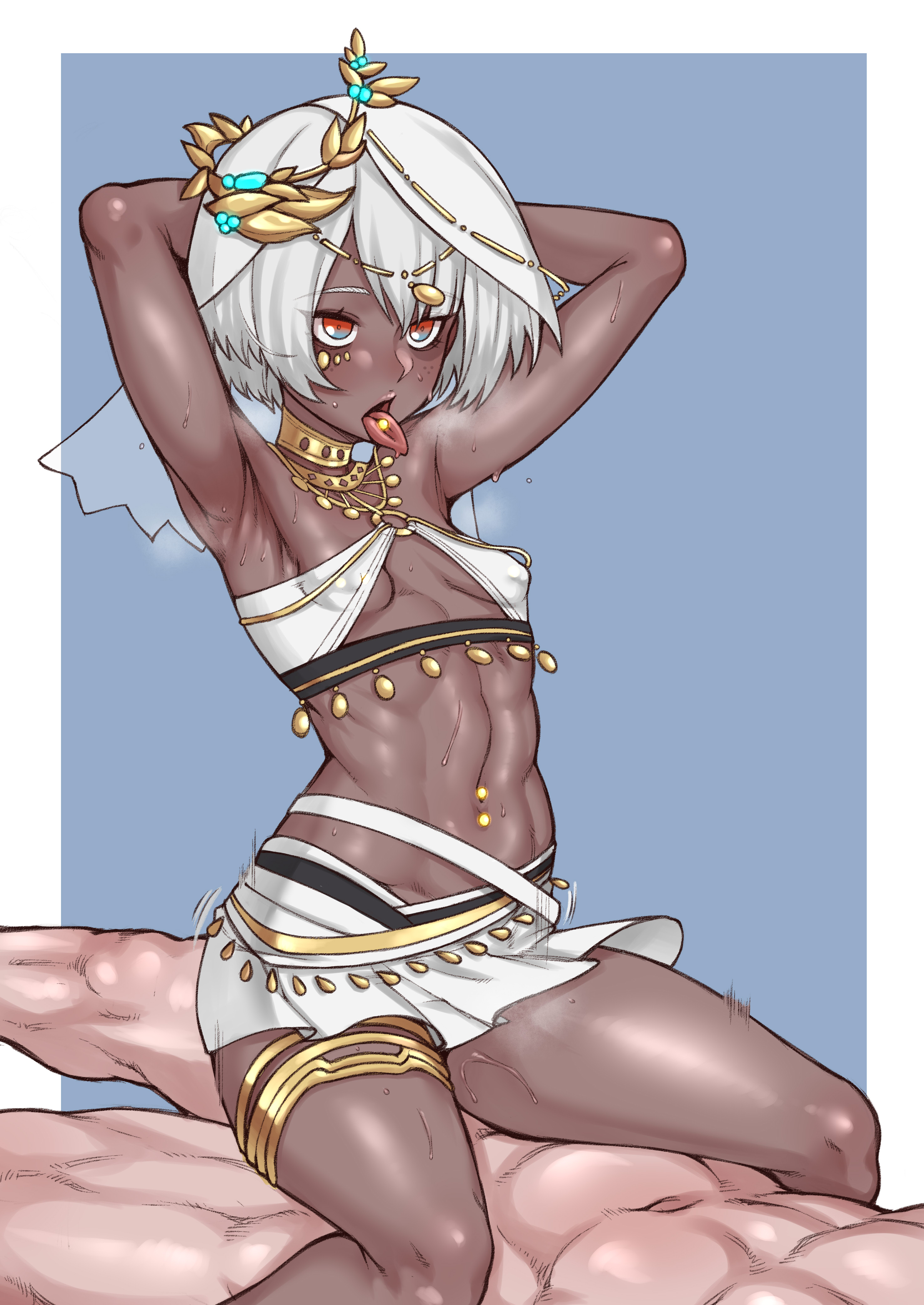 1boy, 1girls, armpits, athletic, athletic female, blue eyes, breasts, clothed sex, completely nude, dark skin, dark-skinned female, ebonyxh, female, fully clothed, gold (metal), hair ornament, hands behind head, human, human penetrating, interracial, jewelry, light skin, light-skinned male, male, motion lines, navel piercing, nipple piercing, nipples, nude, pale skin, pale-skinned male, petite, piercing, punishing: gray raven, red eyes, riding, see-through, sex, short hair, skirt, small breasts, sophia (punishing: gray raven), tongue, tongue out, tongue piercing, white hair