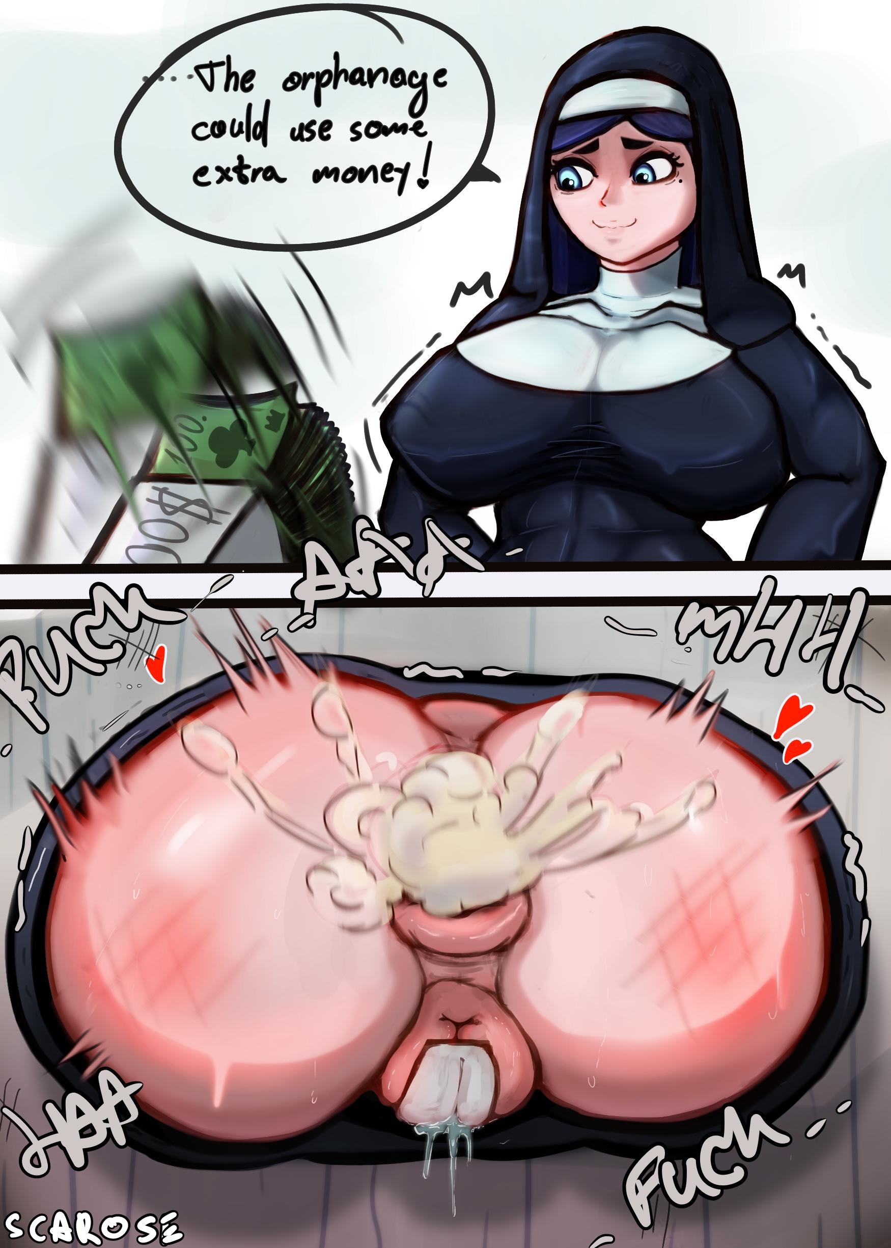 1girls, after anal, after sex, anal, anal only, anal only maebari, anus, ass, black clover, breasts, cum, cum in ass, cum inside, english text, female, female human, female only, giant breasts, horny, horny female, human, lily aquaria, maebari, money, nun, pussy, pussy juice, pussy juice drip, scarose, shounen jump, stuck in wall, through wall, wet, wet pussy