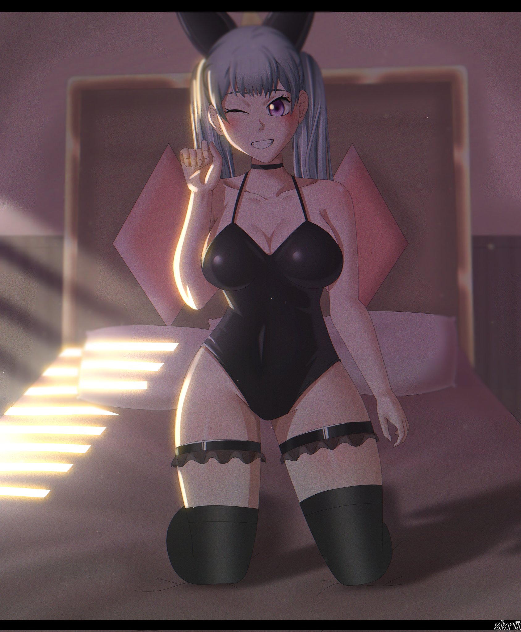 1girls, black clover, breasts, choker, eye contact, female, female focus, female only, kneeling, legwear, looking at viewer, noelle silva, one eye closed, purple eyes, skrusj, smile, solo, thick thighs, thighhighs, thighs, twintails
