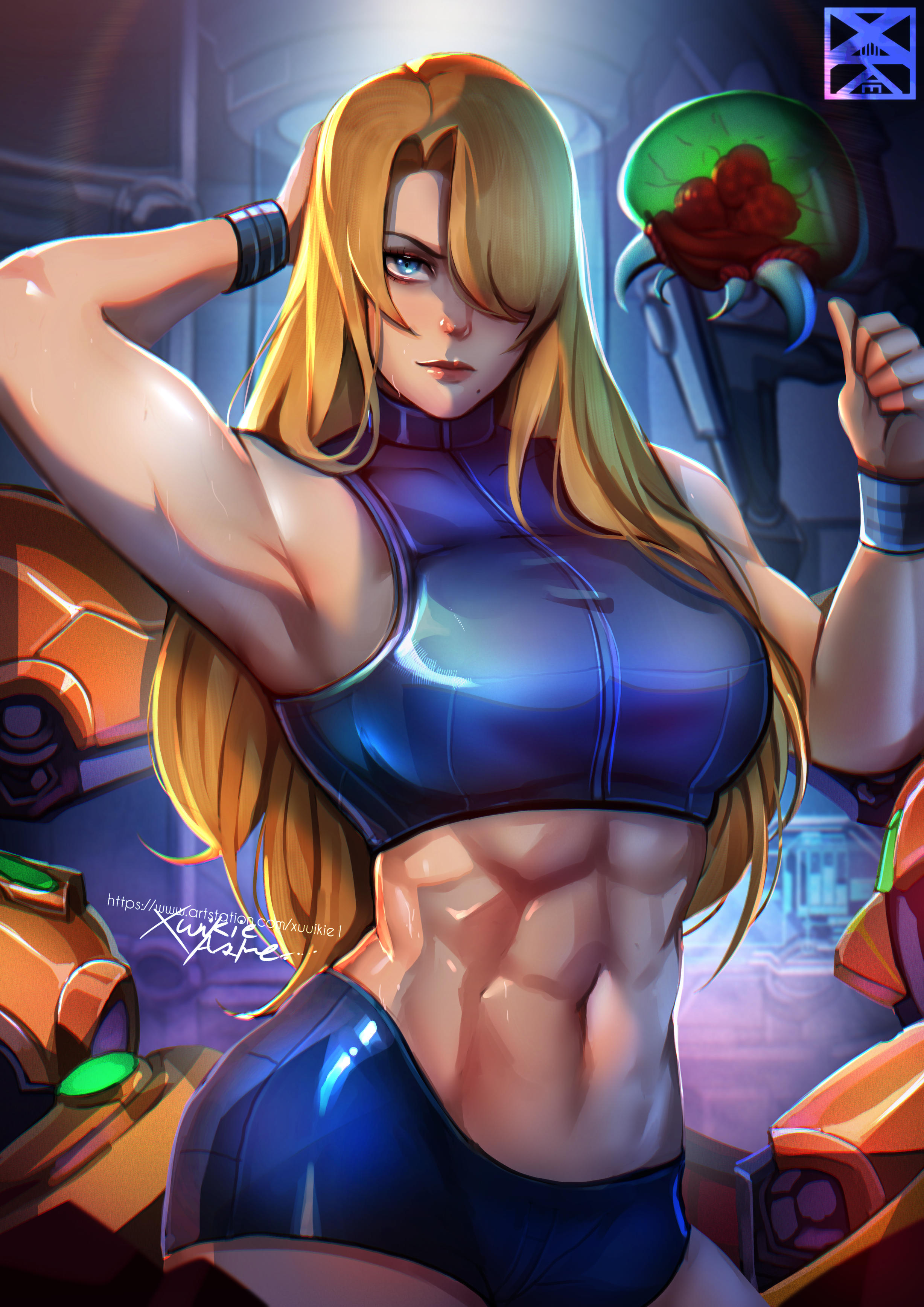 abs, alternate hairstyle, armor, big breasts, blonde hair, blue eyes, breasts, casual outfit (metroid), female, female focus, female only, hair over one eye, hips, metroid, metroid (creature), muscular, muscular female, nintendo, one arm behind head, one arm up, pose, samus aran, tomboy, varia suit, xuuikie, xuuikie ashe, zero suit, zero suit samus