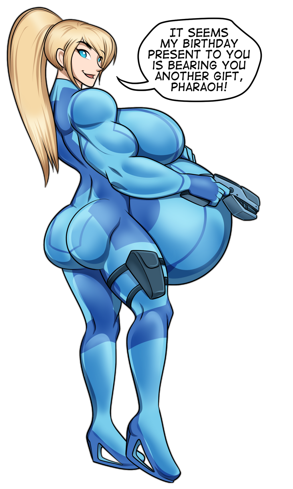 1girls ass belly big_ass big_belly blonde_hair bubble_butt casual english_text female firearm handgun huge_belly human legwear metroid muscular muscular_female pale_skin pregnant ready_to_pop riddleaugust samus_aran speech_bubble text weapon zero_suit zero_suit_samus