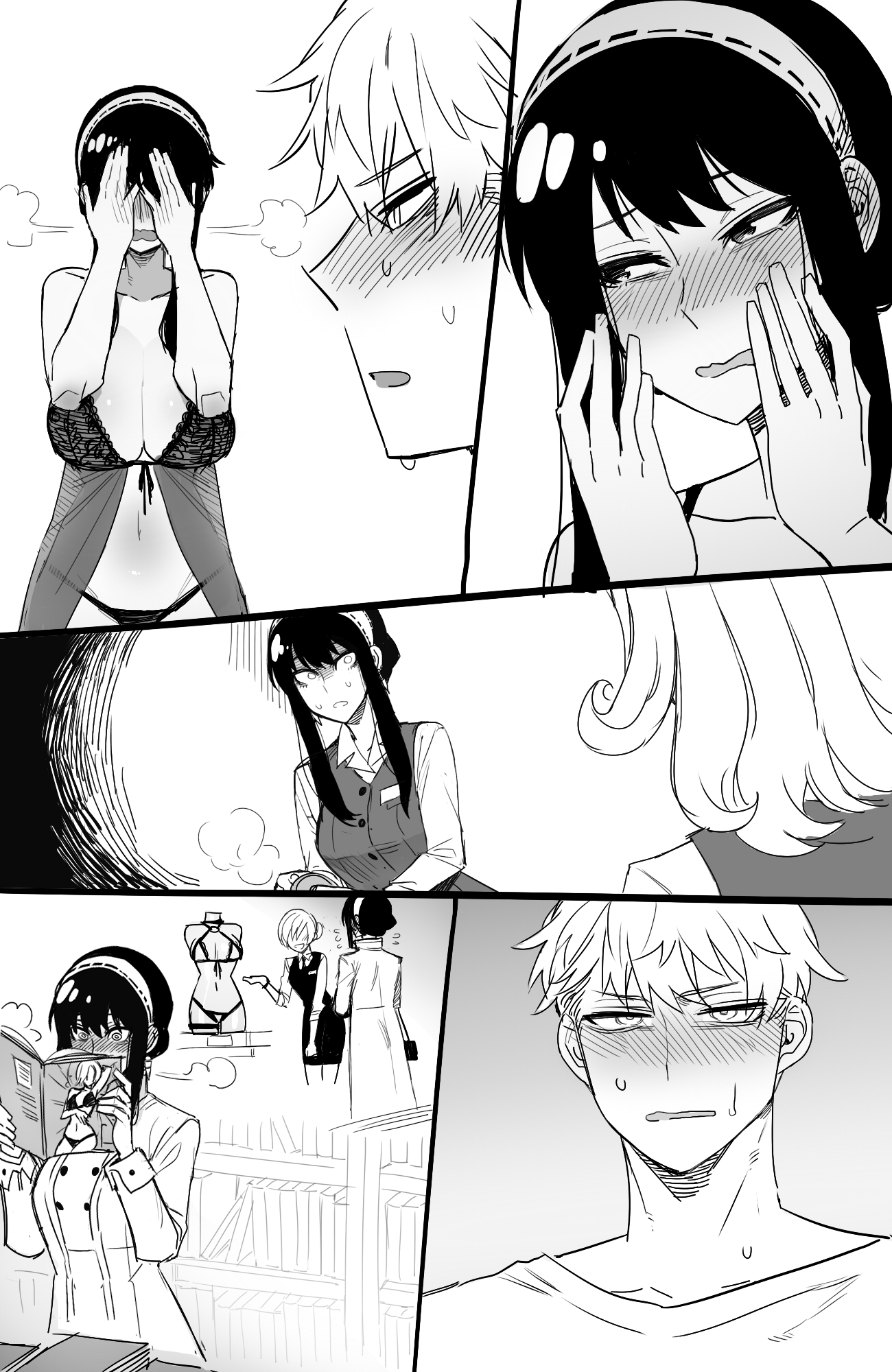 1boy, 1girls, 2022, black and white, black hair, blush, blushing, bra, breasts, child bearing hips, embarrassed, female, headband, lace, lingerie, loid forger, looking away, male, monochrome, nervous, open mouth, panties, ratatatat74, spy x family, steam, sweat, sweatdrop, wide hips, yor briar, yor forger