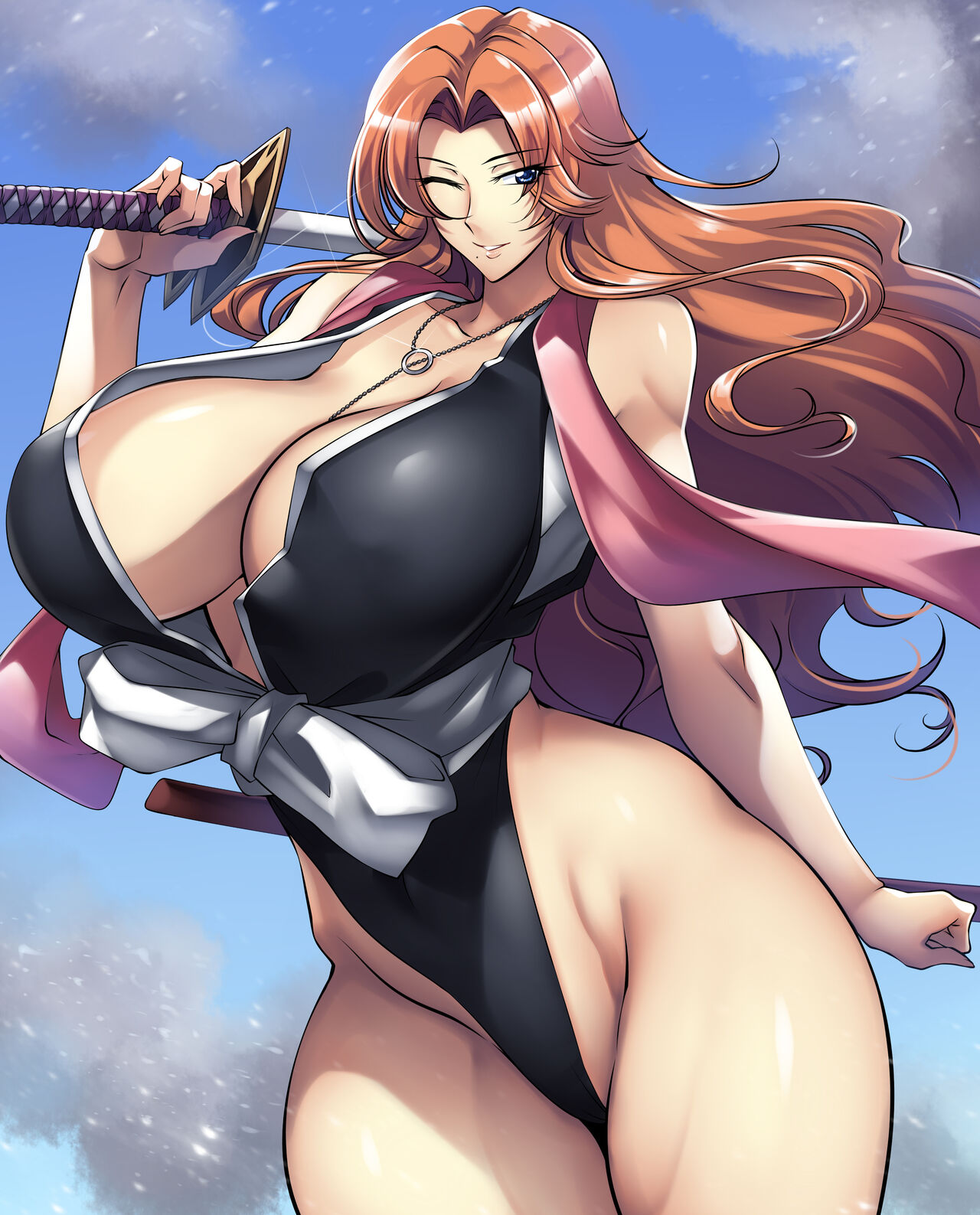 1girls, adapted costume, almost naked, bare arms, bare legs, bare shoulders, bare thighs, barely clothed, beauty mark, big breasts, bleach, blue eyes, breasts, breasts bigger than head, bust, busty, chain necklace, chains, cleavage, curvaceous, curvaceous figure, curves, curvy, curvy body, curvy female, curvy figure, female, female only, haganef, highres, holding, holding weapon, hourglass figure, huge breasts, katana, legs together, leotard, light skin, light-skinned female, long hair, matsumoto rangiku, mole, mole under mouth, necklace, obi, one eye closed, oppai, orange hair, revealing clothes, sash, solo, solo female, solo focus, sword, voluptuous, weapon, wide hips, wink