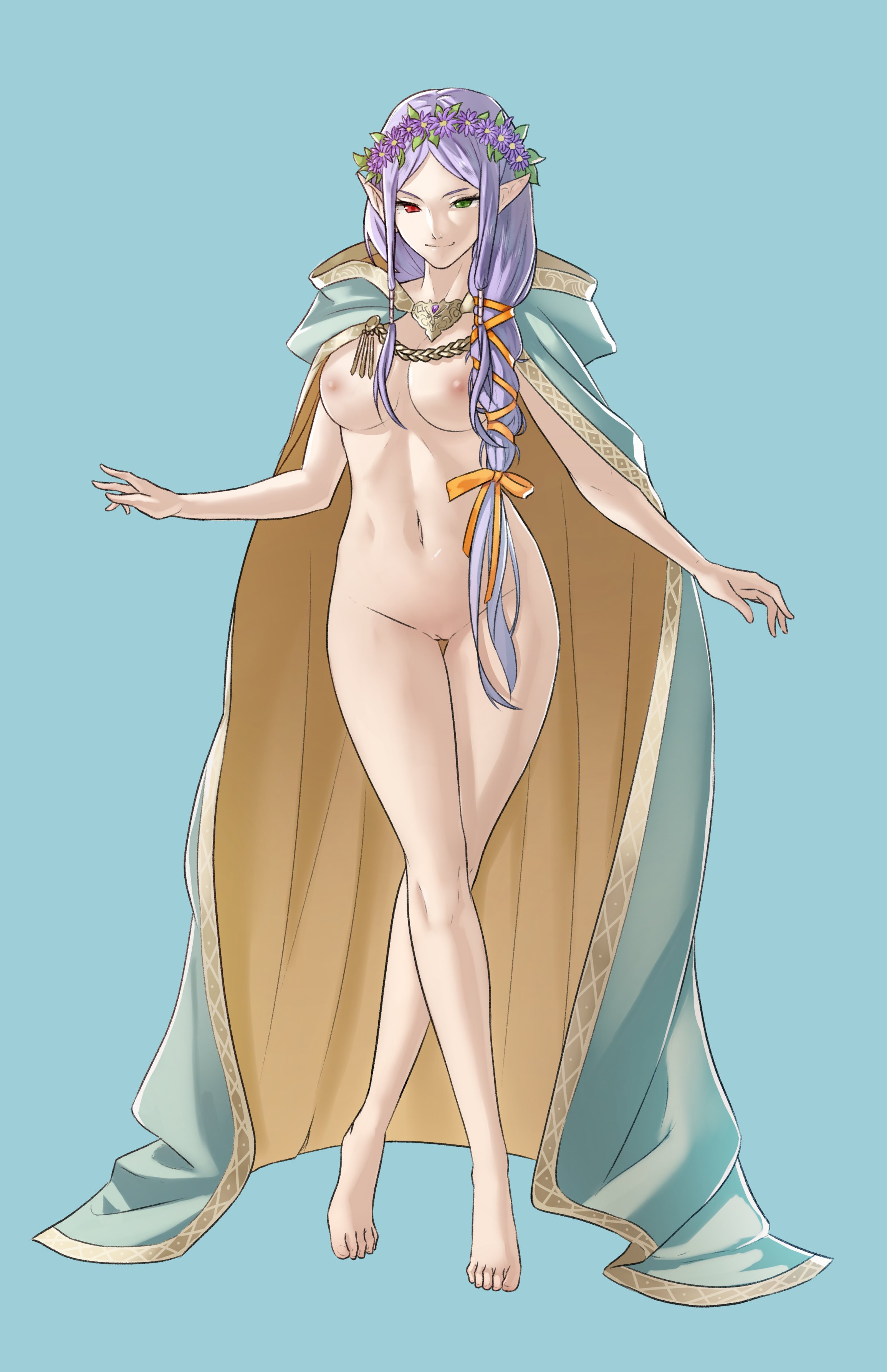 1girls, alternate costume, alternate hairstyle, bare legs, barefoot, blue background, braid, braided ponytail, breasts, cape, female, female only, fire emblem, fire emblem heroes, fire emblem: the binding blade, green eyes, hair over shoulder, heterochromia, idunn (fire emblem), long hair, medium breasts, naked cape, nintendo, nude, nude female, official alternate costume, pointy ears, pomelomelon, ponytail, purple hair, pussy, red eyes, side ponytail, smile, solo, thigh gap, uncensored