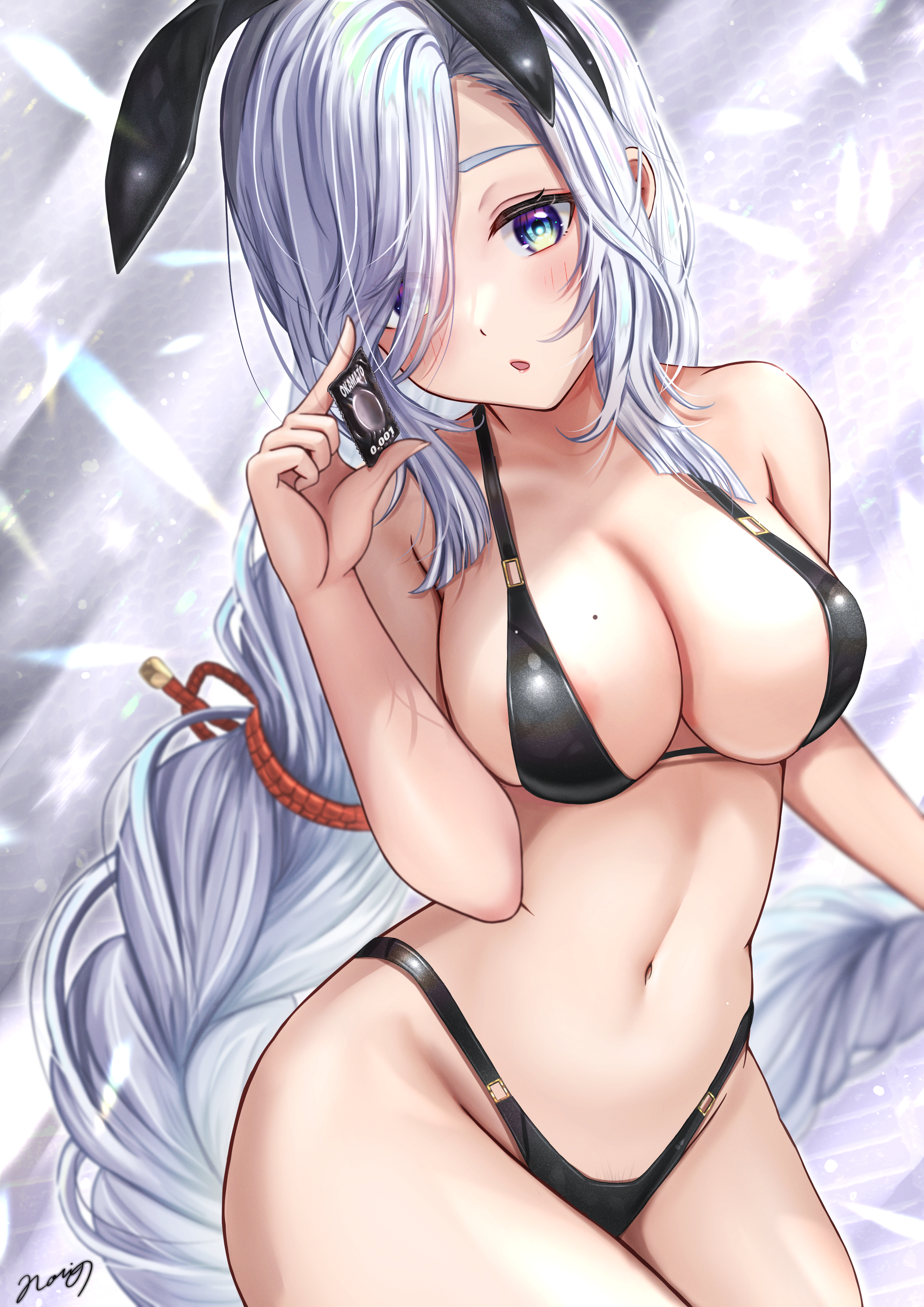:o, absurdres, alternate costume, alternate version available, animal ears, areola slip, areolae, artist signature, bangs, bikini, black swimsuit, blue eyes, blush, braid, braided ponytail, breasts, cleavage, collarbone, commentary, competition swimsuit, condom, condom wrapper, earrings, eyelashes, female, fingernails, genshin impact, hair ornament, hair over one eye, head tilt, highres, jewelry, light skin, light-skinned female, long bangs, long hair, looking at viewer, micro bikini, mihoyo, mole, mole on breast, navel, nori chazuke, one-piece swimsuit, open mouth, rabbit ears, red rope, rope, shenhe (genshin impact), sidelocks, signature, silver hair, single earring, solo, solo female, standing, stomach, swimsuit, thighs, tied hair