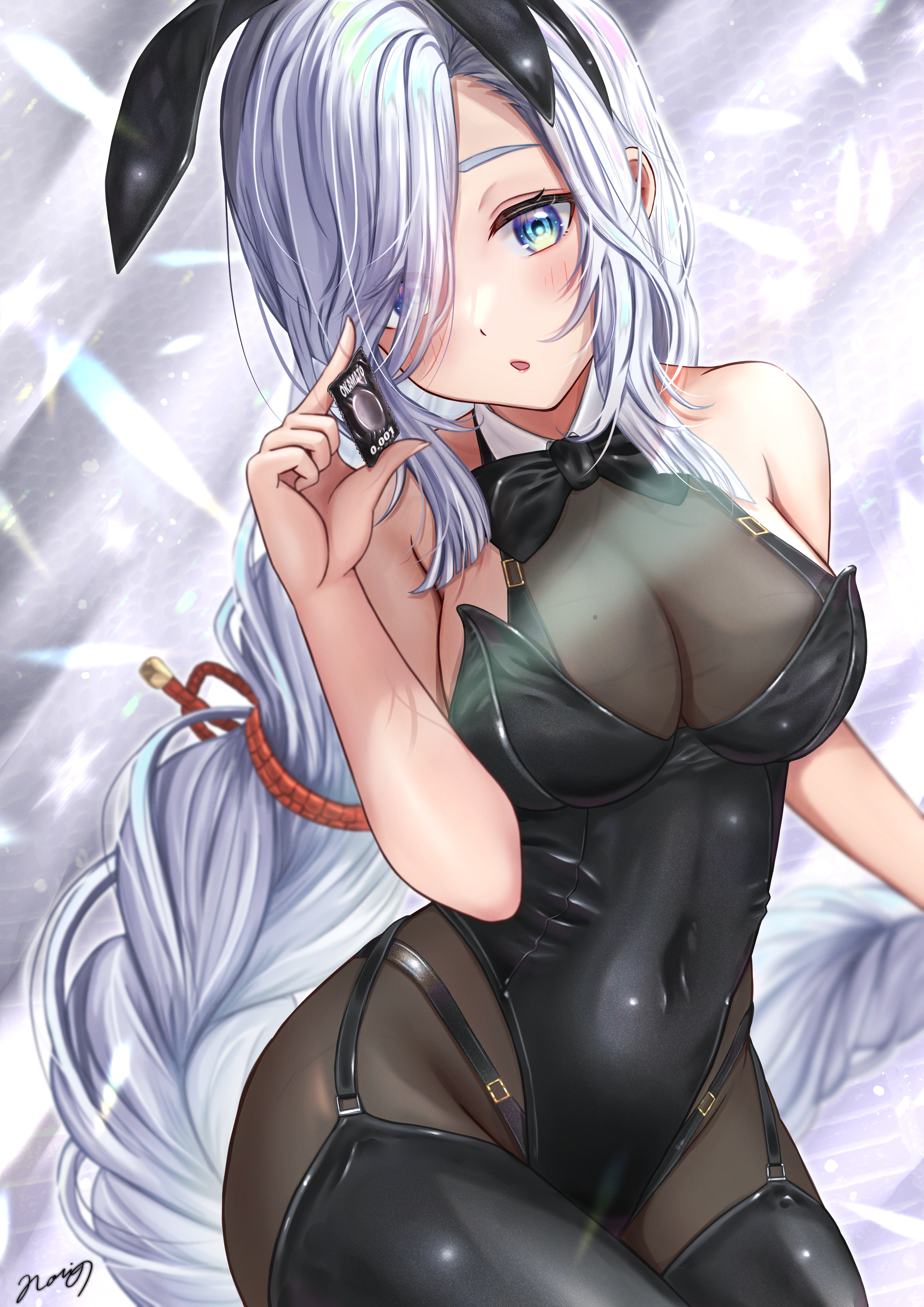 absurdres, alternate version available, animal ears, bangs, black bodysuit, black bow, black bowtie, black legwear, blue eyes, blush, bodysuit, bow, bowtie, braid, braided ponytail, breasts, commentary, condom, condom wrapper, covered navel, eyelashes, fake animal ears, female, garter straps, genshin impact, hair over one eye, highres, large breasts, light skin, long bangs, long hair, looking at viewer, mihoyo, nori chazuke, open mouth, pantyhose, playboy bunny, rabbit ears, red rope, rope, shenhe (genshin impact), sidelocks, silver hair, solo, standing, tied hair, wing collar
