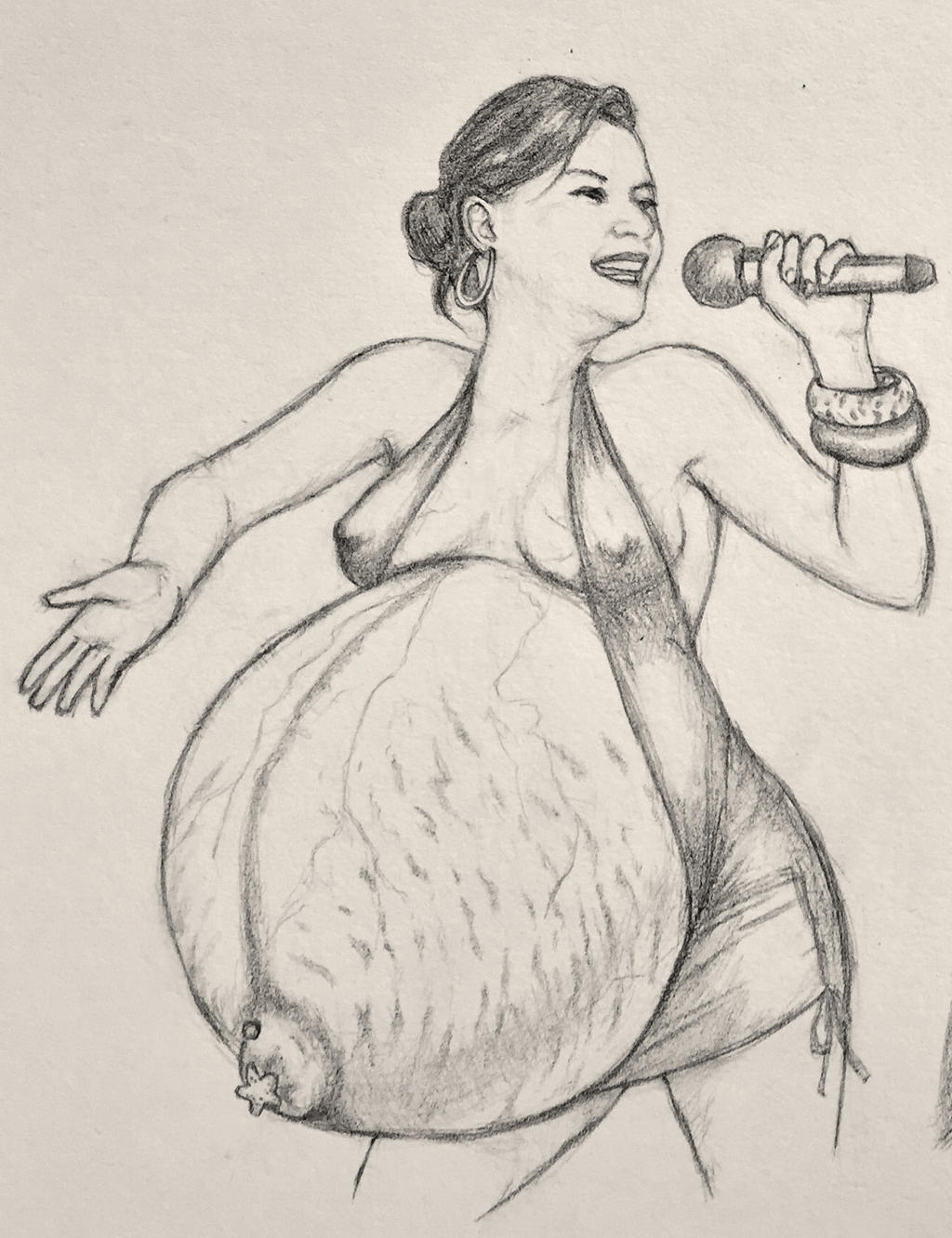 1girls belly belly_button big_belly breasts earrings female microphone navel navel_piercing nipple_bulge outie_navel pregnant silverstar1976 stretch_marks traditional_media_(artwork) veiny_belly