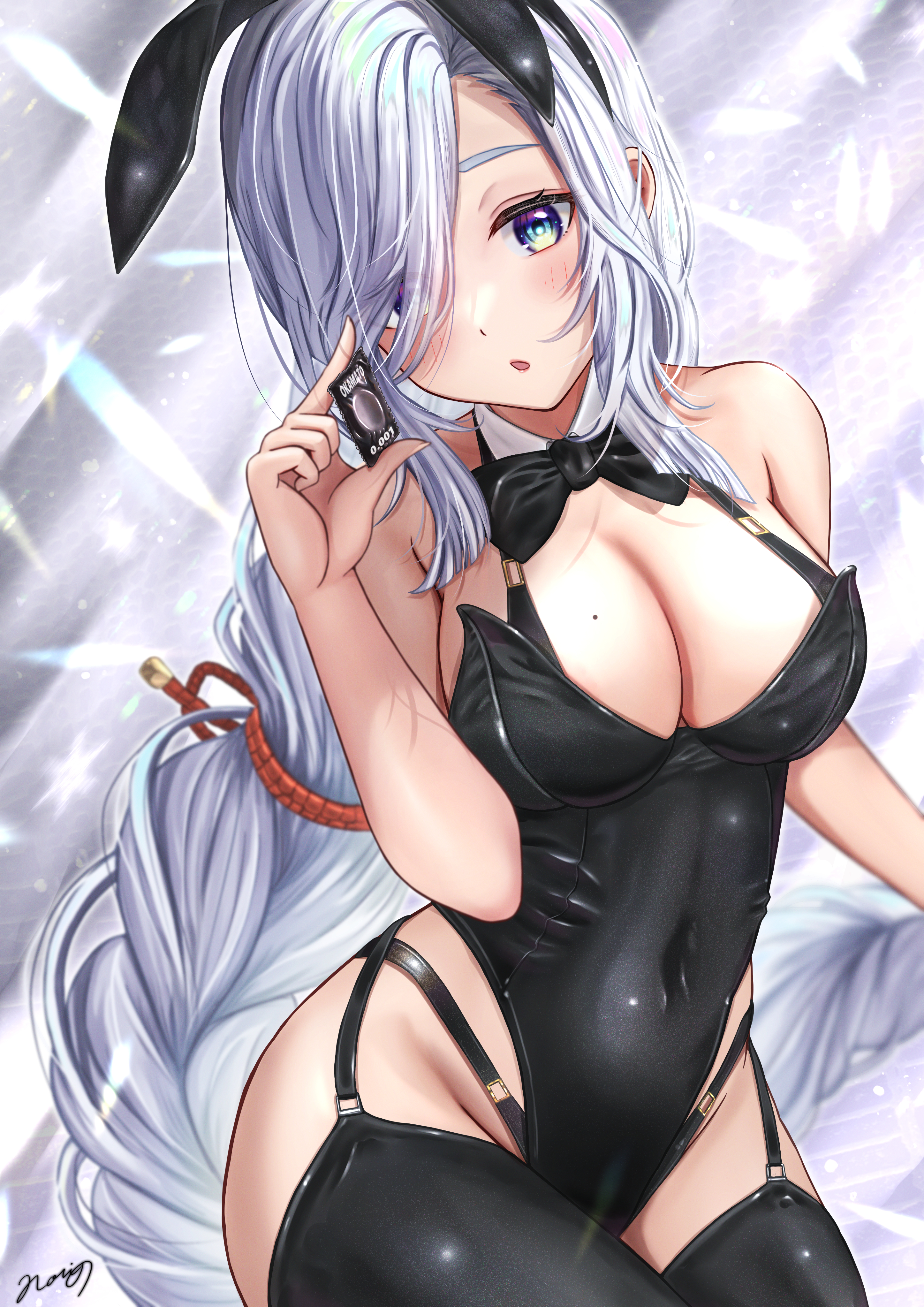 absurdres, alternate version available, animal ears, artist signature, bangs, black bow, black bowtie, black legwear, blue eyes, blush, bow, bowtie, braid, braided ponytail, breasts, cleavage, collarbone, commentary, condom, condom wrapper, eyelashes, fake animal ears, feet out of frame, female, garter straps, genshin impact, hair over one eye, highres, holding, large breasts, long bangs, long hair, looking at viewer, mihoyo, nori chazuke, open mouth, playboy bunny, rabbit ears, shenhe (genshin impact), signature, solo, standing, thighhighs, thighs, tied hair, wing collar