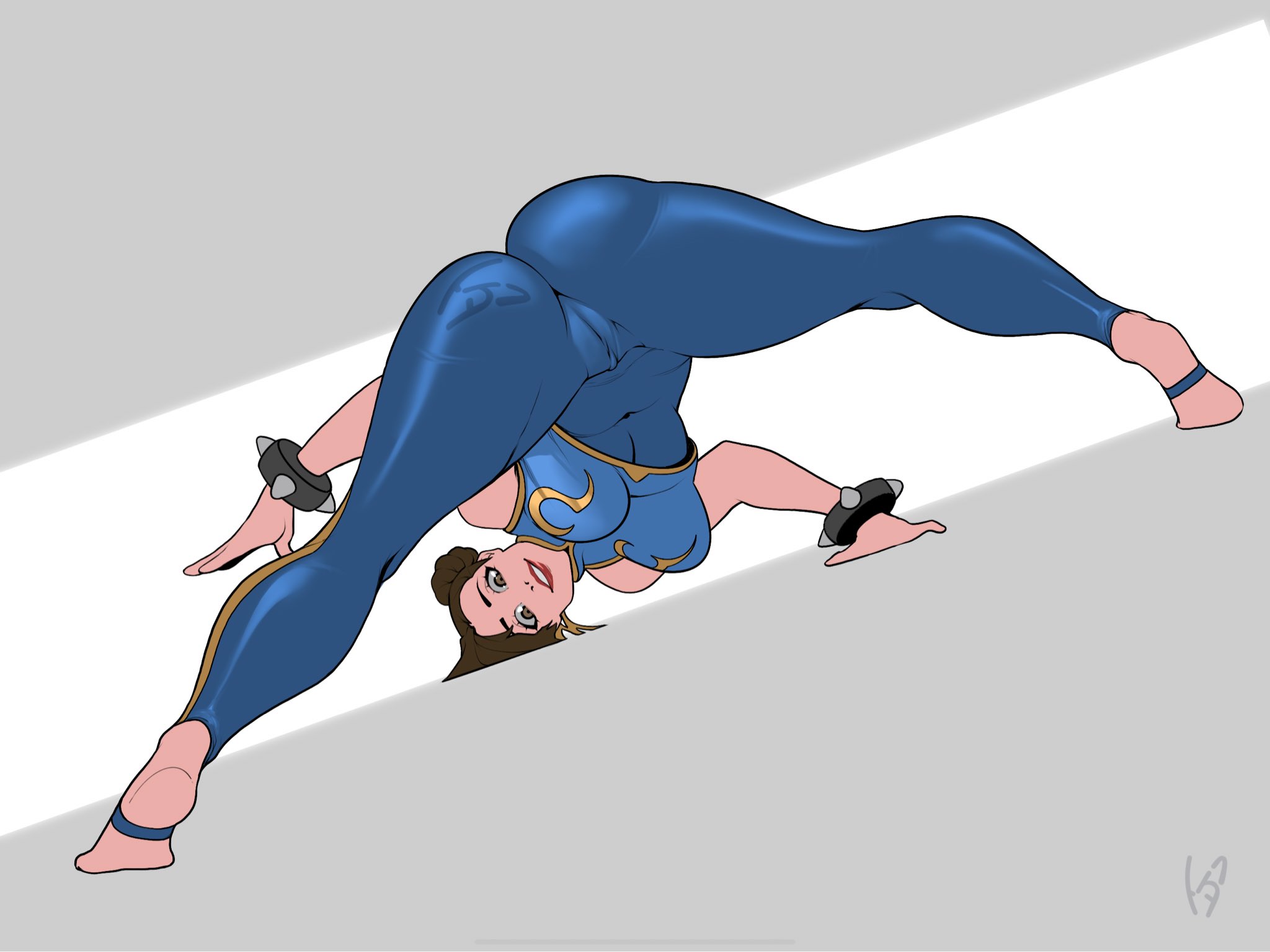 ass, bent over, bodysuit, breasts, brown eyes, brown hair, cameltoe, capcom, chun-li, feet, female, large ass, legs apart, lipstick, pussy, smile, spiked bracelet, spiked collar, stirrup legwear, street fighter, street fighter alpha, vest