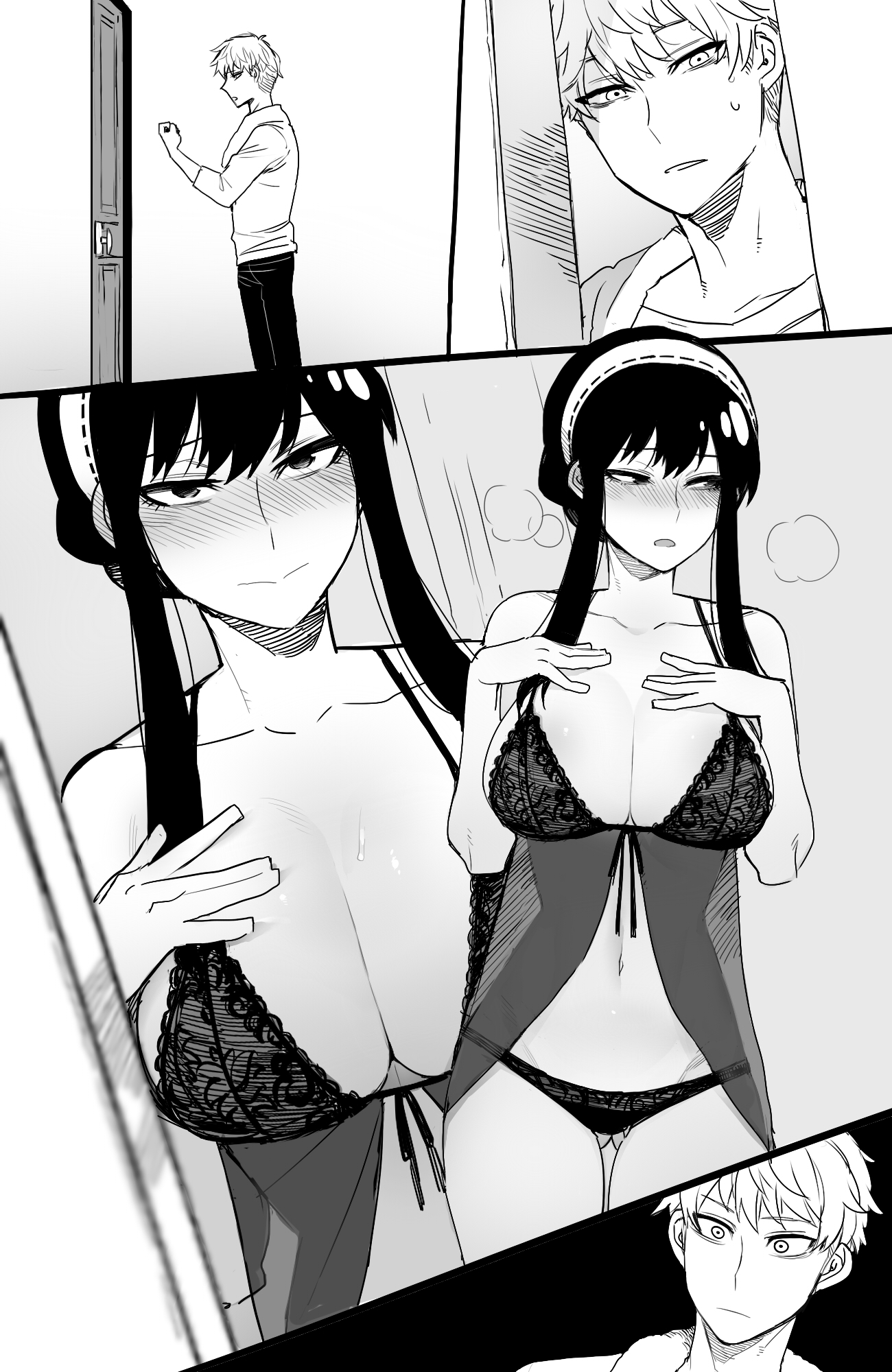 1boy, 1girls, 2022, black and white, black hair, blush, blushing, bra, breasts, child bearing hips, closed mouth, female, headband, lace, lingerie, loid forger, looking away, male, monochrome, open mouth, panties, ratatatat74, sheer panties, spy x family, steam, sweat, towel, wide hips, yor briar, yor forger