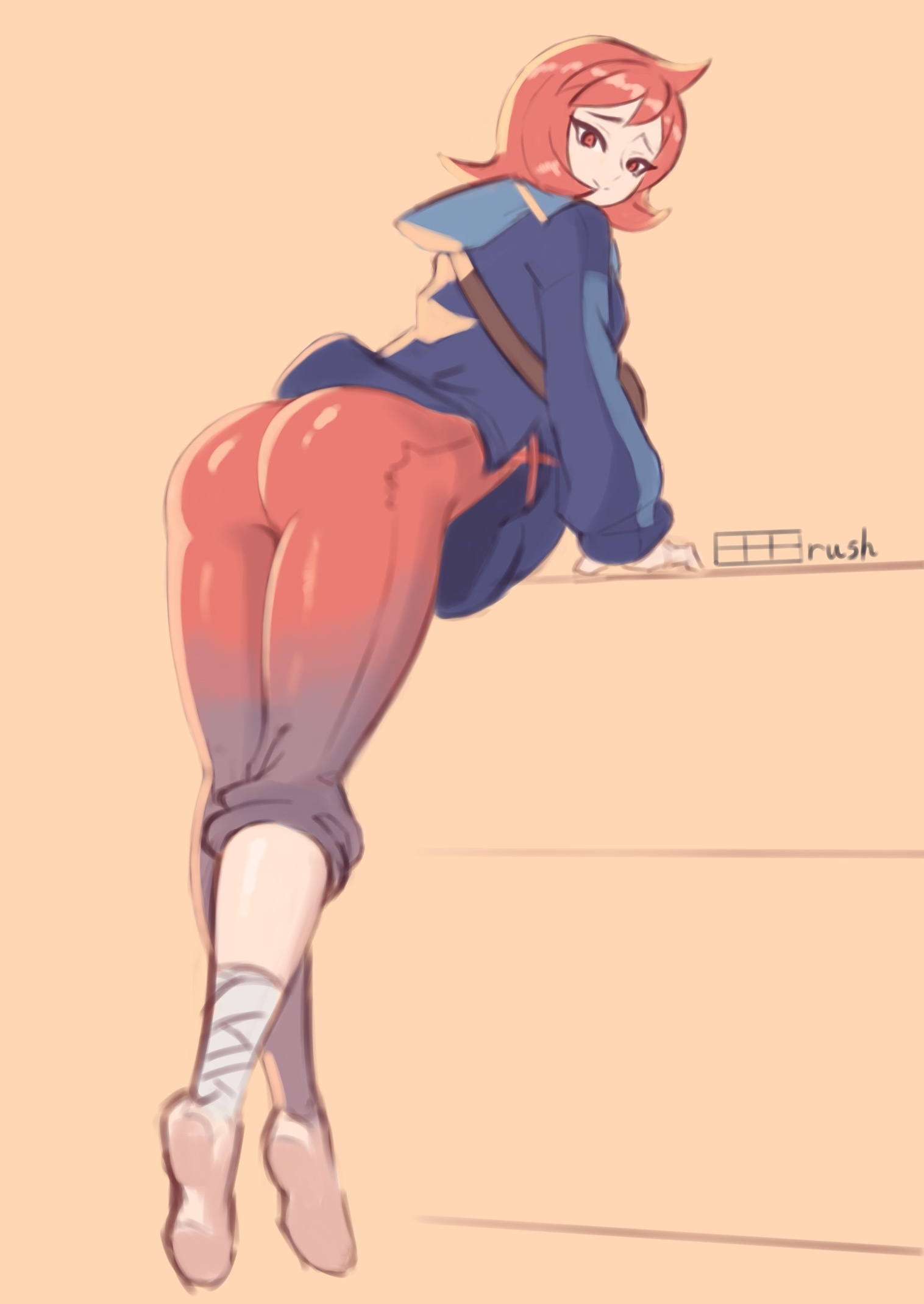 1girls, arezu (pokemon), ass, back, back view, bbbrush, big ass, bottomwear, feet, female, female only, full body, game freak, jacket, legs, looking at viewer, looking back, pants, pokemon, pokemon legends: arceus, red eyes, red hair, solo, solo female, thick thighs, thighs, topwear