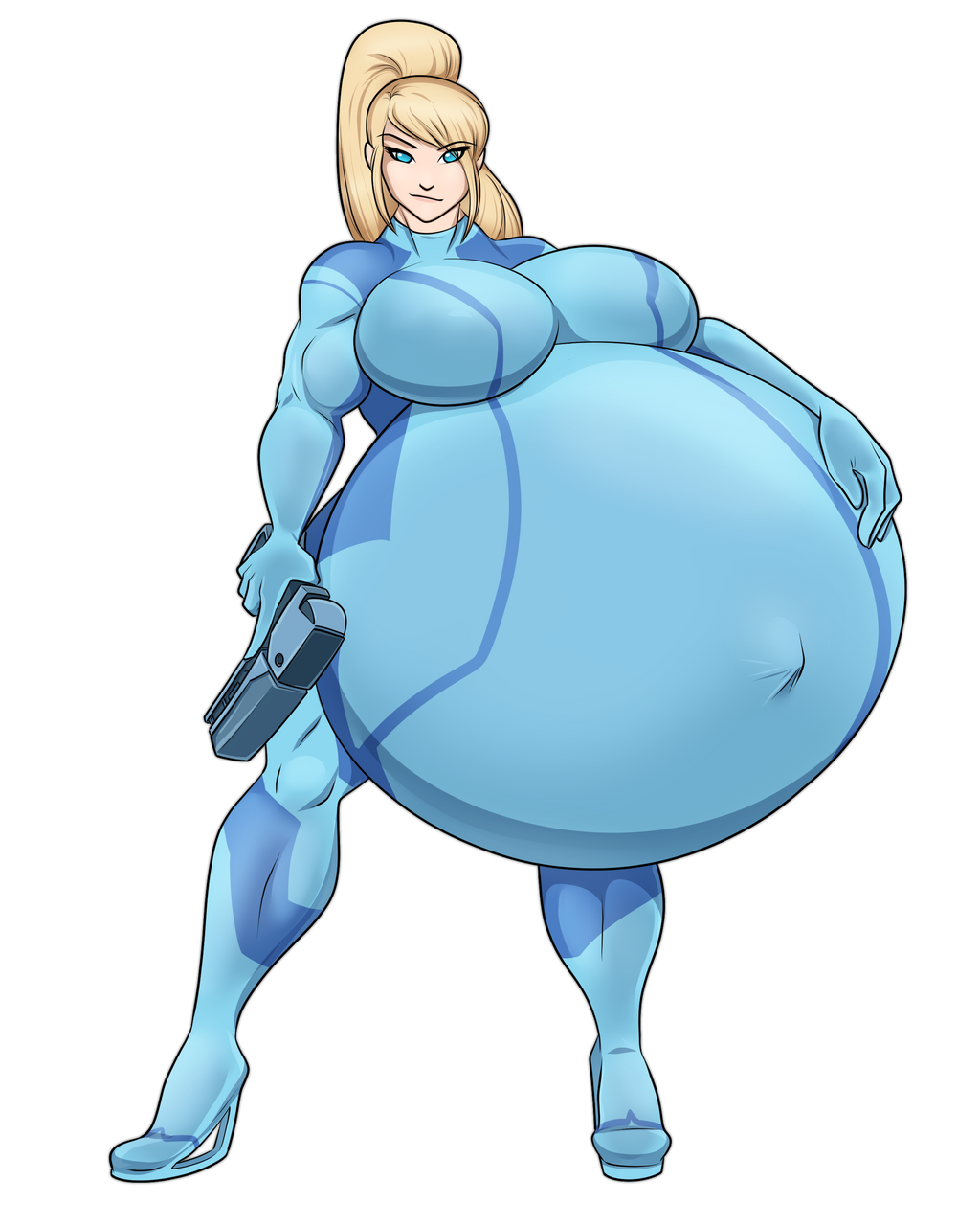 1girls belly big_belly blonde_hair casual female firearm hand_on_belly handgun huge_belly human hyper hyper_pregnancy metroid muscular muscular_female navel outie_navel pregnant riddleaugust samus_aran skintight weapon