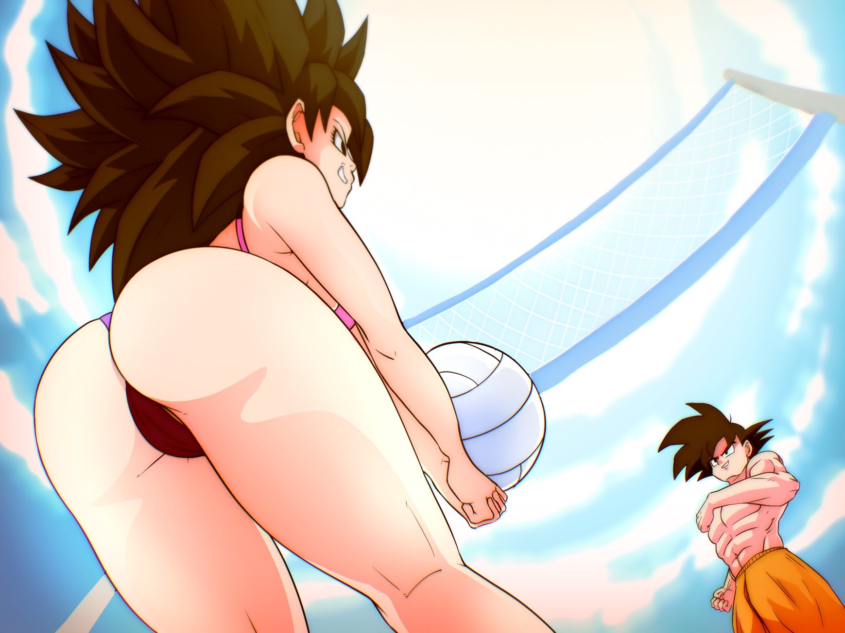 abs, ass, ass visible through thighs, beach volleyball, caulifla, dragon ball, dragon ball super, female, female saiyan, male, mrmlix, muscular, muscular male, saiyan, shounen jump, son goku, universe 6 saiyan/universe 7 saiyan, universe 6/universe 7, volleyball