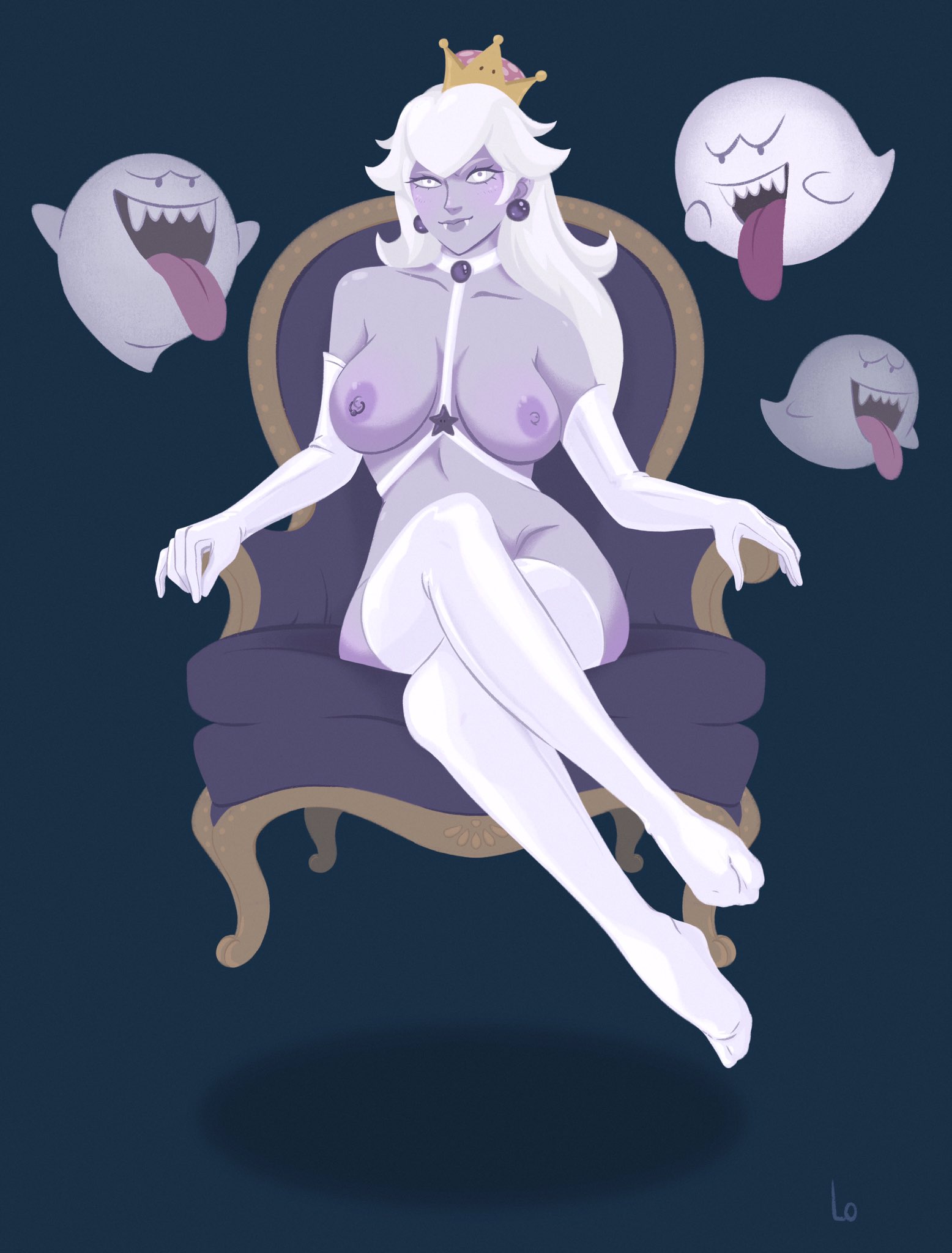 boo (mario), boosette, breasts, crown, fangs, female, female only, ghost, gloves, lingerie, long hair, lophilia spicy, luigi's mansion, mario (series), new super mario bros. u deluxe, nipples, stockings, thighhighs, throne, white hair