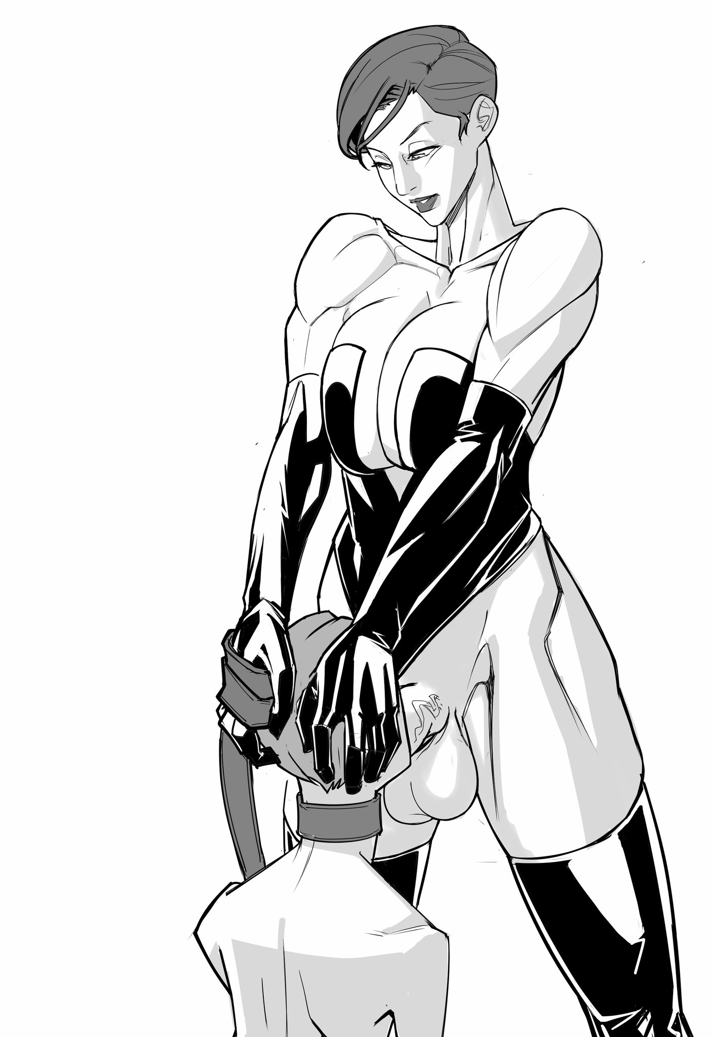 1boy, 1futa, anal plug, balls, big balls, big breasts, bottomless, breasts, buttplug, clothed, clothing, duo, elbow gloves, erection, futa on male, futanari, gloves, huge cock, human, intersex, jahafl, kneeling, leash, male, malesub, partially clothed, penis, petplay, standing, thighhighs
