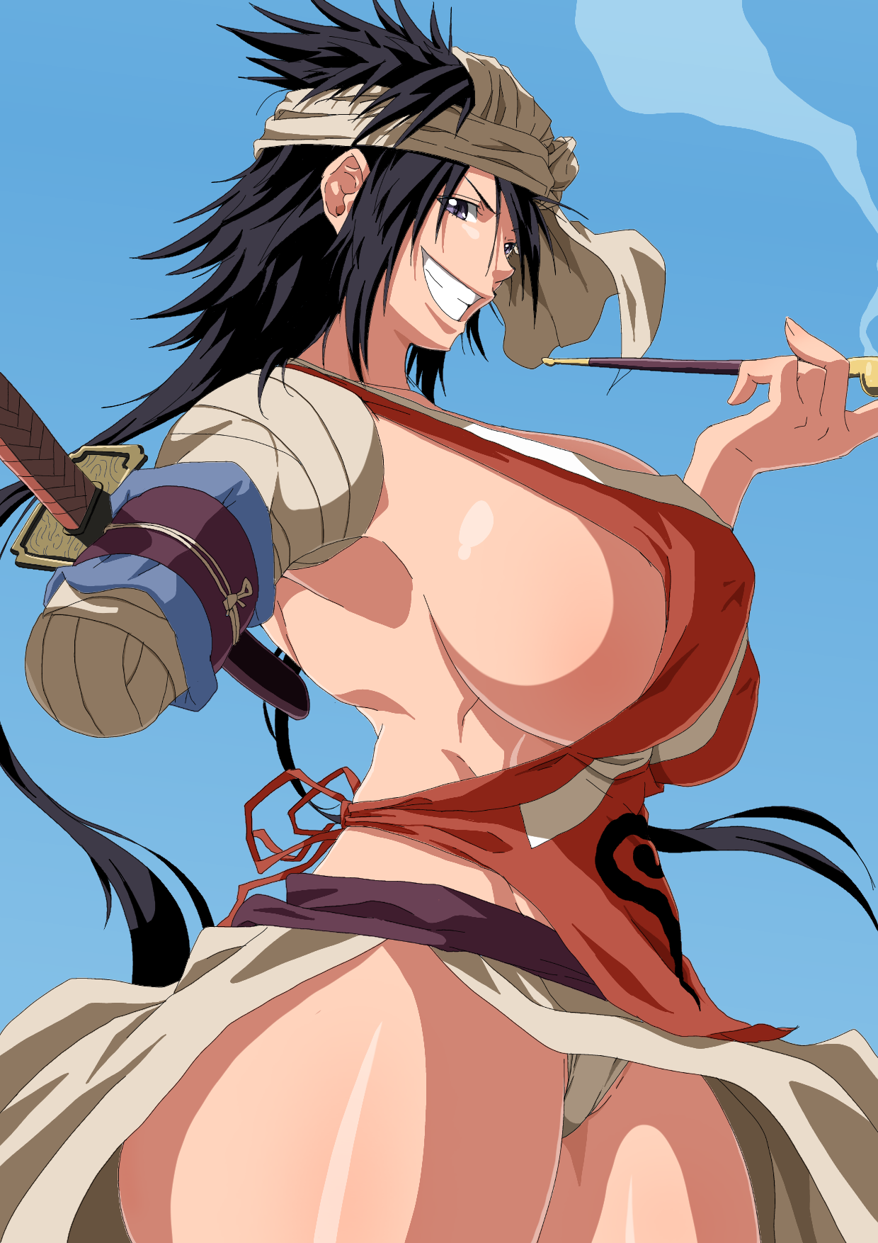 1girls, almost naked, amputee, asymmetrical bangs, asymmetrical hair, bandage, bandaged arm, bandages, bangs, barely clothed, big breasts, black hair, bleach, blue eyes, bottom heavy, breasts, bust, busty, clenched teeth, erect nipples, erection under clothes, female, female only, grin, holding, holding object, huge breasts, katana, kimono, kiseru, kukaku shiba, looking at viewer, looking to the side, mature, mature female, messy, messy hair, missing arm, mostly nude, nipples, no bra, oppai, panties, pipe, revealing clothes, ryohei 29, short kimono, side view, sideboob, skirt, sleeveless, smile, sword, thick thighs, turban, voluptuous, weapon, wide hips