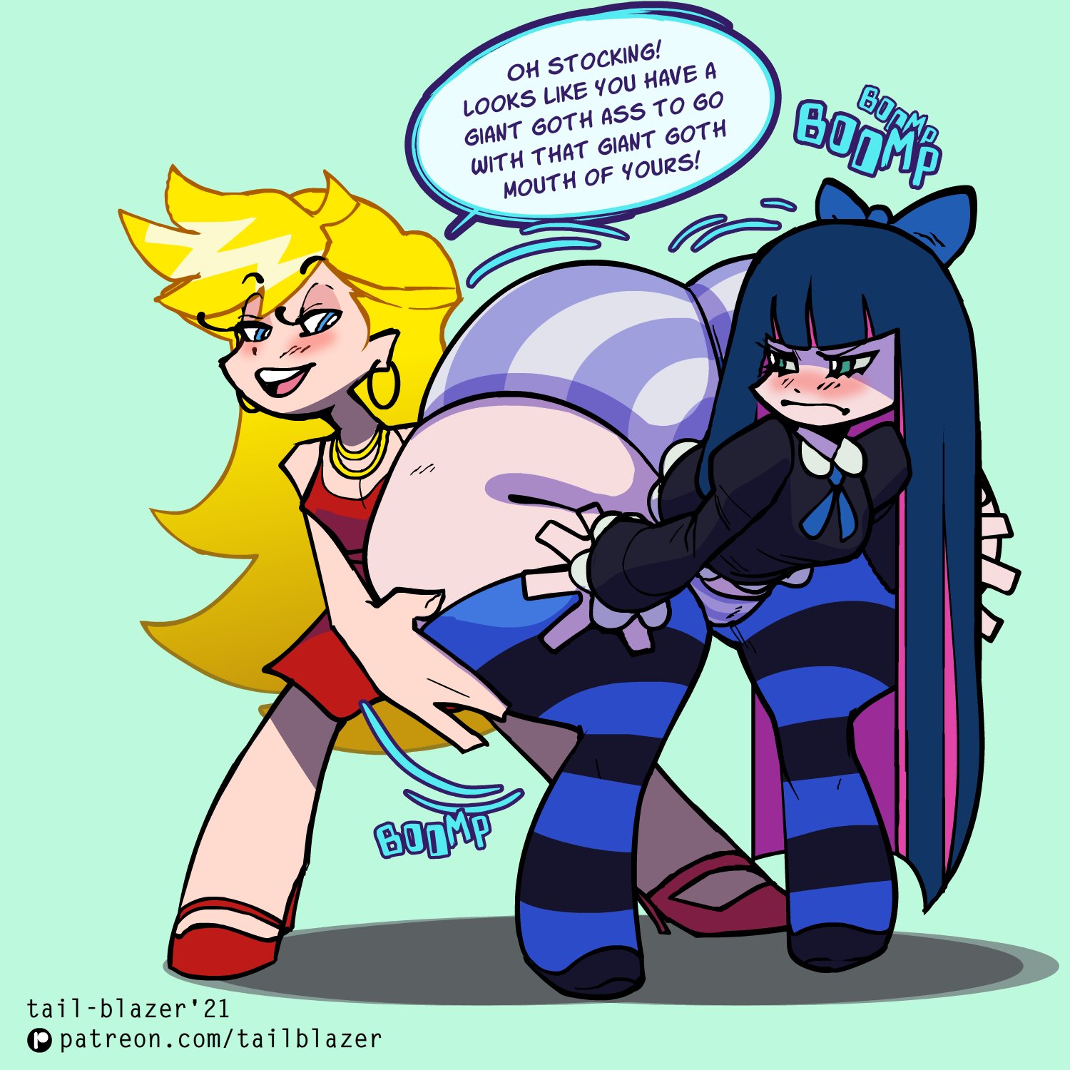 2021, ass, ass grab, big ass, big butt, bottom heavy, bouncing ass, bubble ass, bubble butt, dialogue, dress, embarrassed, fat ass, fat butt, female, female focus, female only, huge ass, huge butt, large ass, large butt, lolita fashion, looking back, meat wall (body type), motion lines, nervous, panties, panty & stocking with garterbelt, panty anarchy, pantyshot, shimapan, stocking anarchy, striped panties, tail-blazer, thick ass, thick thighs, thighs, underwear, voluptuous, wide hips