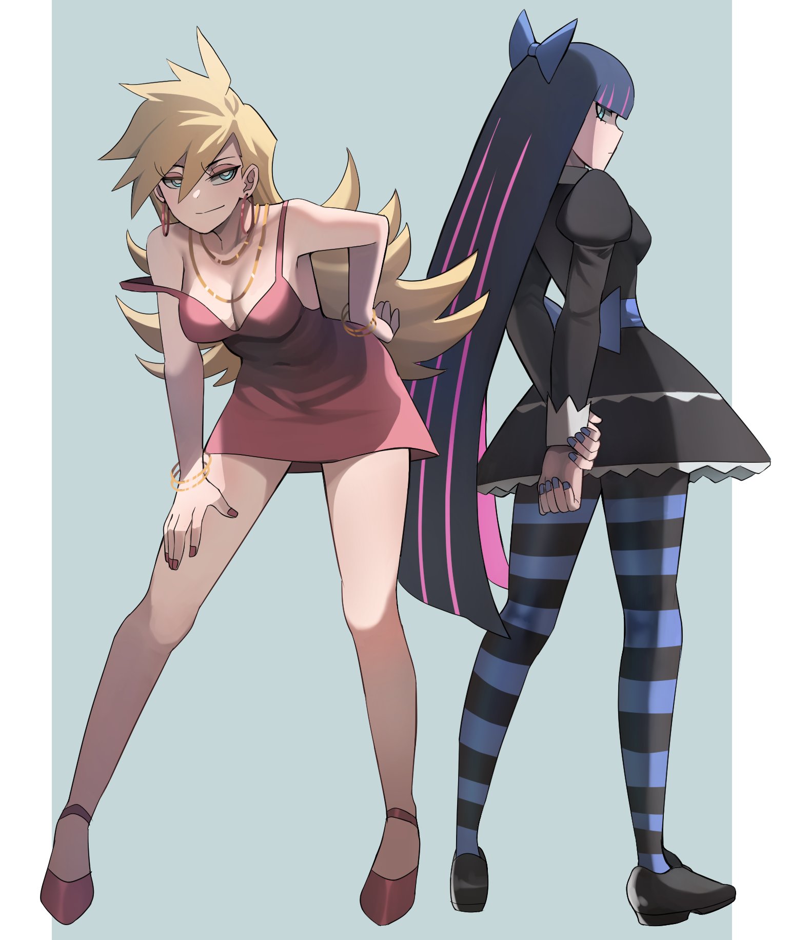 2girls, arms behind back, bent over, black dress, black footwear, blonde hair, bow, breasts, cleavage, eyeshadow, female, full body, goth, hand on hip, jewelry, jourd4n, looking at another, looking back, makeup, necklace, off shoulder, panty & stocking with garterbelt, panty anarchy, purple hair, red dress, red footwear, smile, standing, stocking anarchy