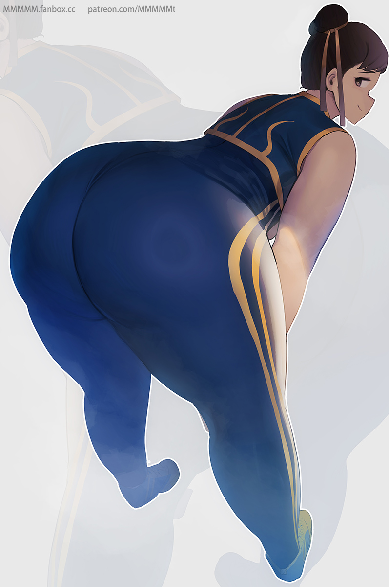 1girls, 2022, alternate body type, ass, ass focus, ass shot, bbw, bent over, bodysuit, brown eyes, brown hair, capcom, chun-li, clothed, clothed female, female, female only, huge ass, looking at viewer, massive ass, mmmmmkun, short hair, sleeveless, smile, street fighter, street fighter alpha, thick ass, thick thighs, thunder thighs, tight clothing, twin buns