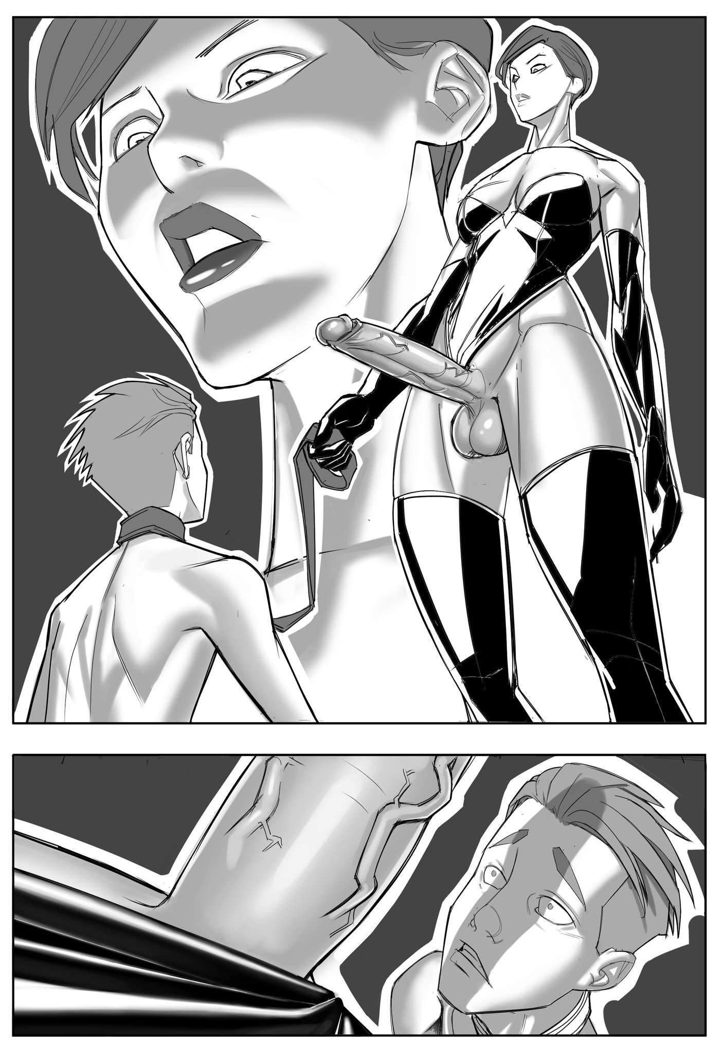 1boy, 1futa, balls, big breasts, big penis, black gloves, black thighhighs, breasts, cleavage, clothed, clothing, comic, duo, erection, futa is bigger, futa on male, futanari, high-angle view, human, imminent fellatio, imminent oral, intersex, jahafl, leash, leash and collar, leather thighhighs, leotard, leotard aside, looking at viewer, looking down, low-angle view, male, medium breasts, monochrome, partially clothed, penis, pent up, standing, tagme, testicles, thighhighs, throbbing penis, vein, veiny penis
